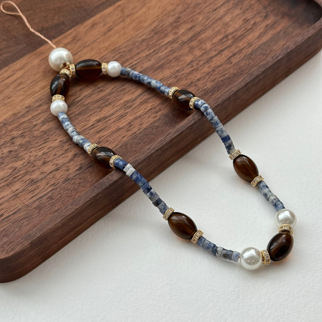 S6 [Gemstone Phone/Camera Nail Chain/Lasso] Blue Dot Stone | Imitation Pearl | Smoky Quartz | Gold Plated Nail Cord/Loop