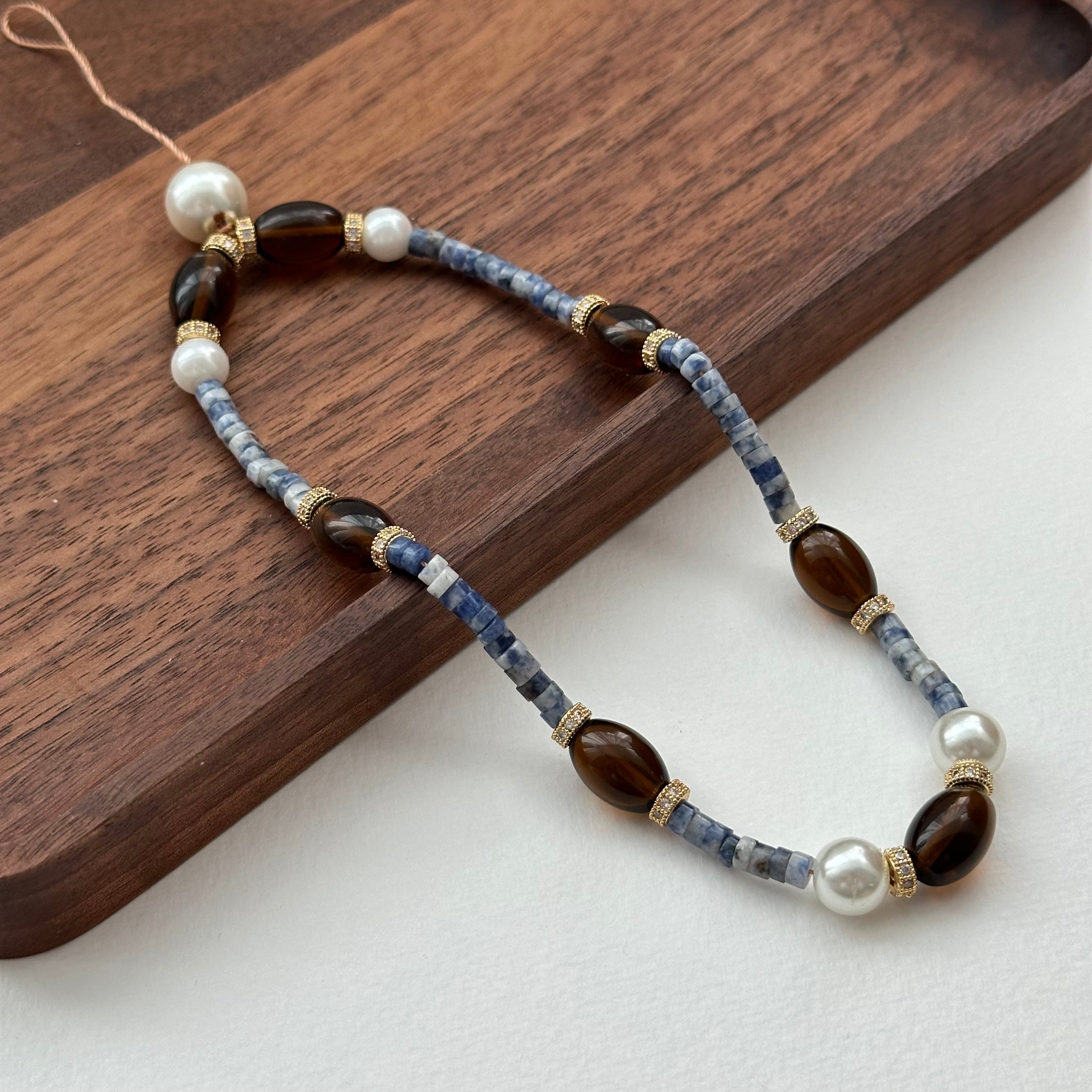 S6 [Gemstone Phone/Camera Nail Chain/Lasso] Blue Dot Stone | Imitation Pearl | Smoky Quartz | Gold Plated Nail Cord/Loop
