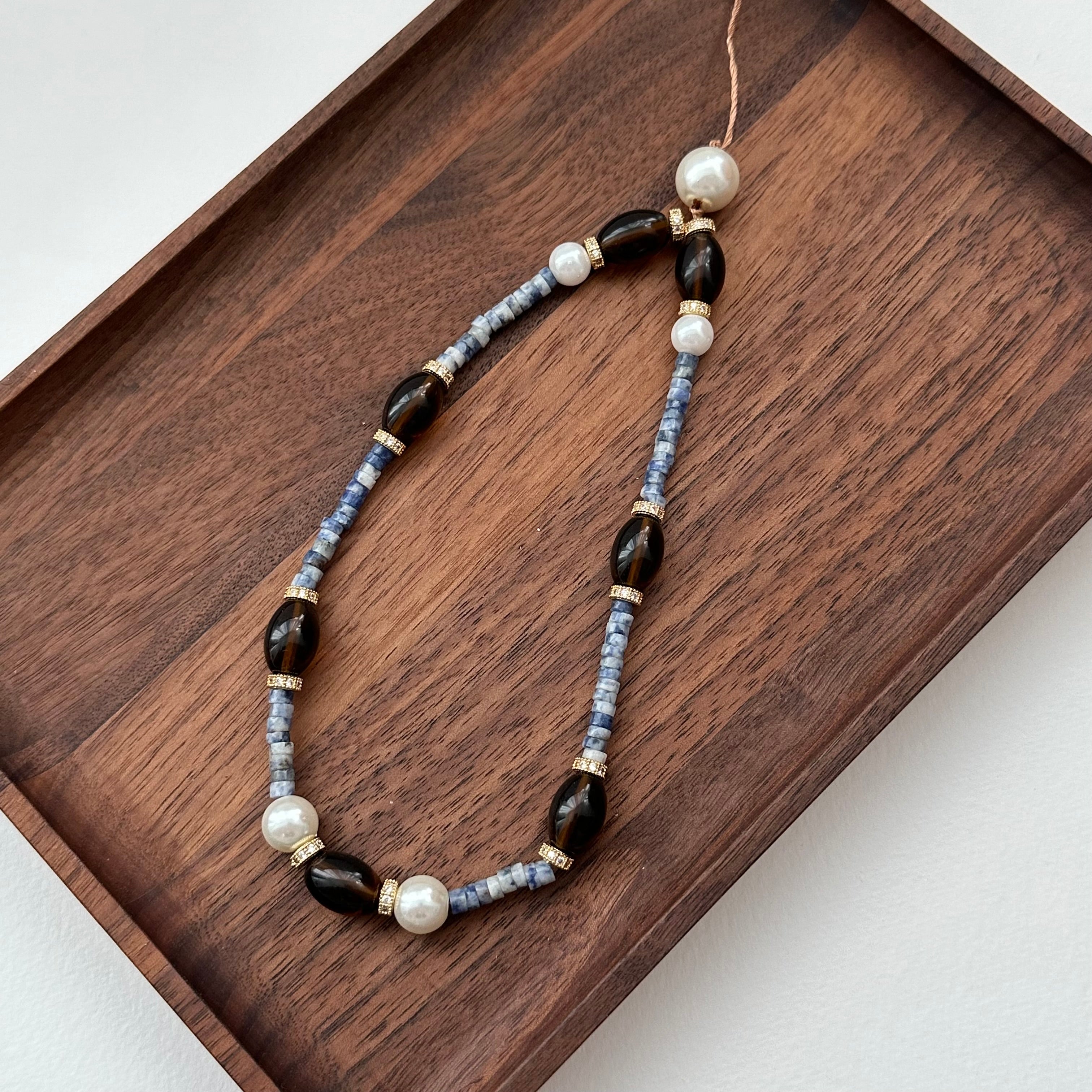 S6 [Gemstone Phone/Camera Nail Chain/Lasso] Blue Dot Stone | Imitation Pearl | Smoky Quartz | Gold Plated Nail Cord/Loop