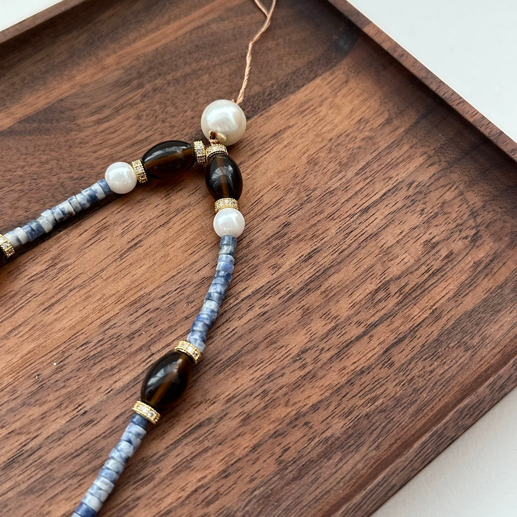 S6 [Gemstone Phone/Camera Nail Chain/Lasso] Blue Dot Stone | Imitation Pearl | Smoky Quartz | Gold Plated Nail Cord/Loop