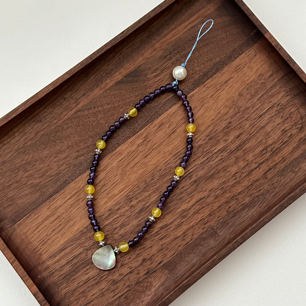 S10 [Gemstone Phone Camera Lanyard] Amethyst | Yellow Glass | Imitation Pearl | Teardrop Shell Vintage Gold-Plated Lanyard