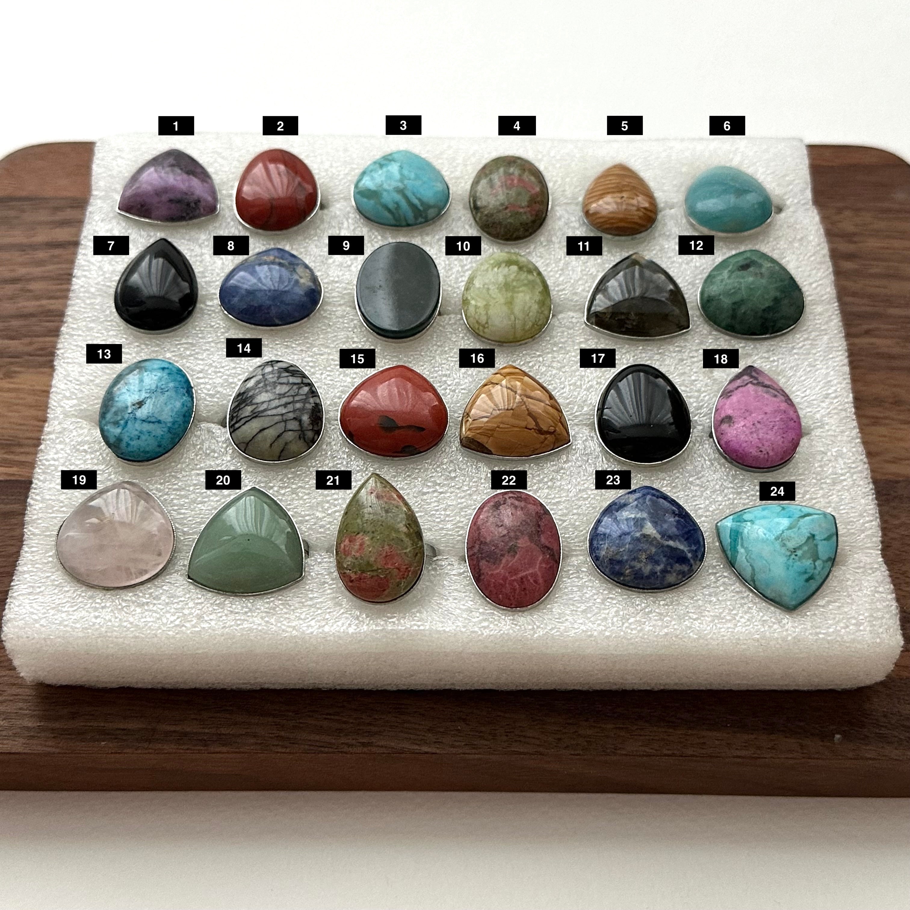 R32 [Vintage Gemstone Ring] Black Agate Blue Green Aventurine Amethyst Rose Quartz Marble Ring