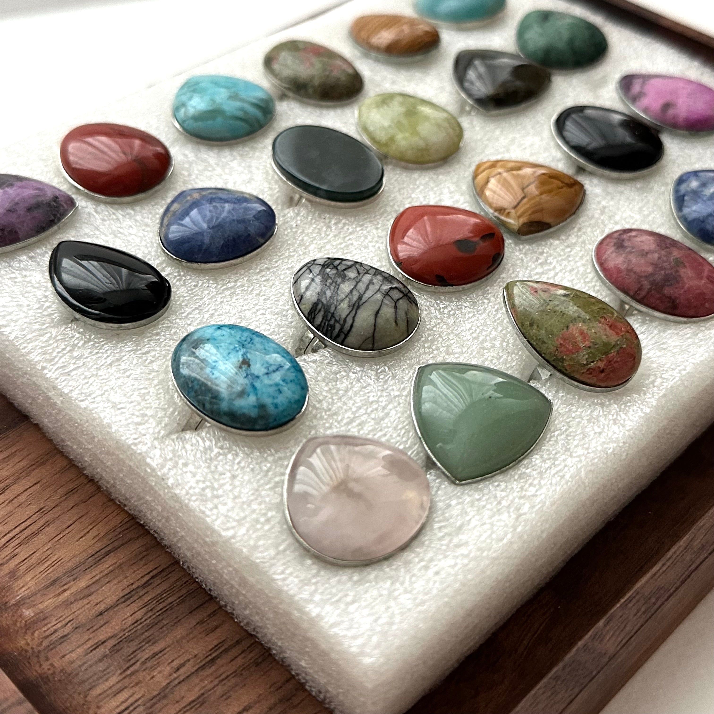 R32 [Vintage Gemstone Ring] Black Agate Blue Green Aventurine Amethyst Rose Quartz Marble Ring