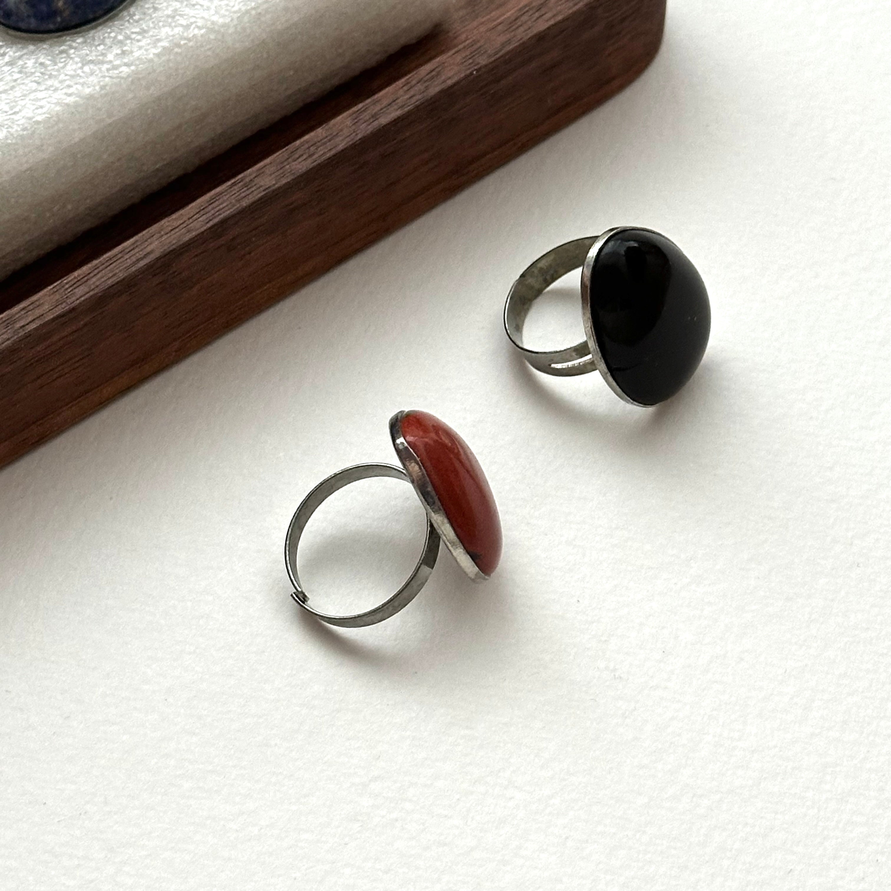 R32 [Vintage Gemstone Ring] Black Agate Blue Green Aventurine Amethyst Rose Quartz Marble Ring
