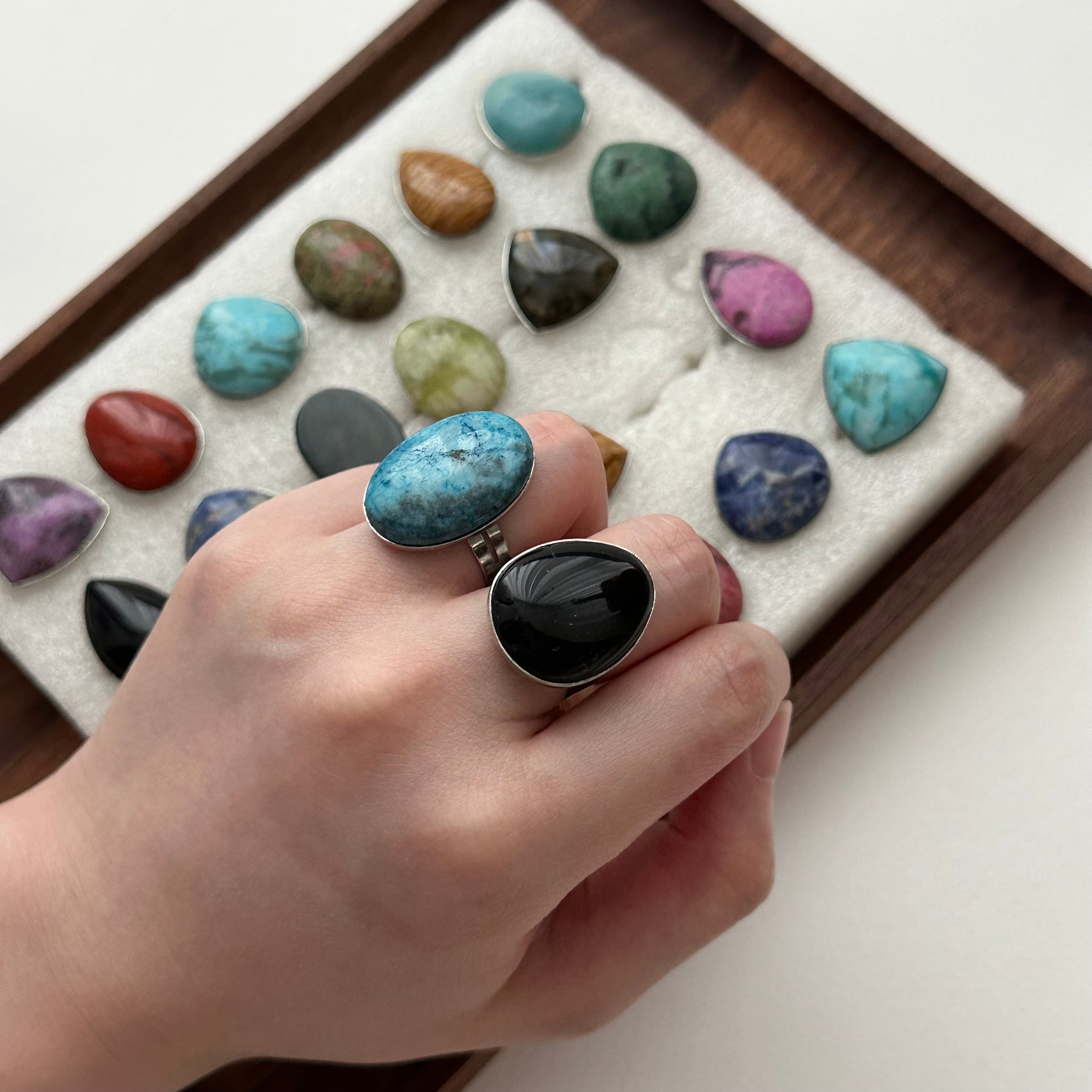 R32 [Vintage Gemstone Ring] Black Agate Blue Green Aventurine Amethyst Rose Quartz Marble Ring