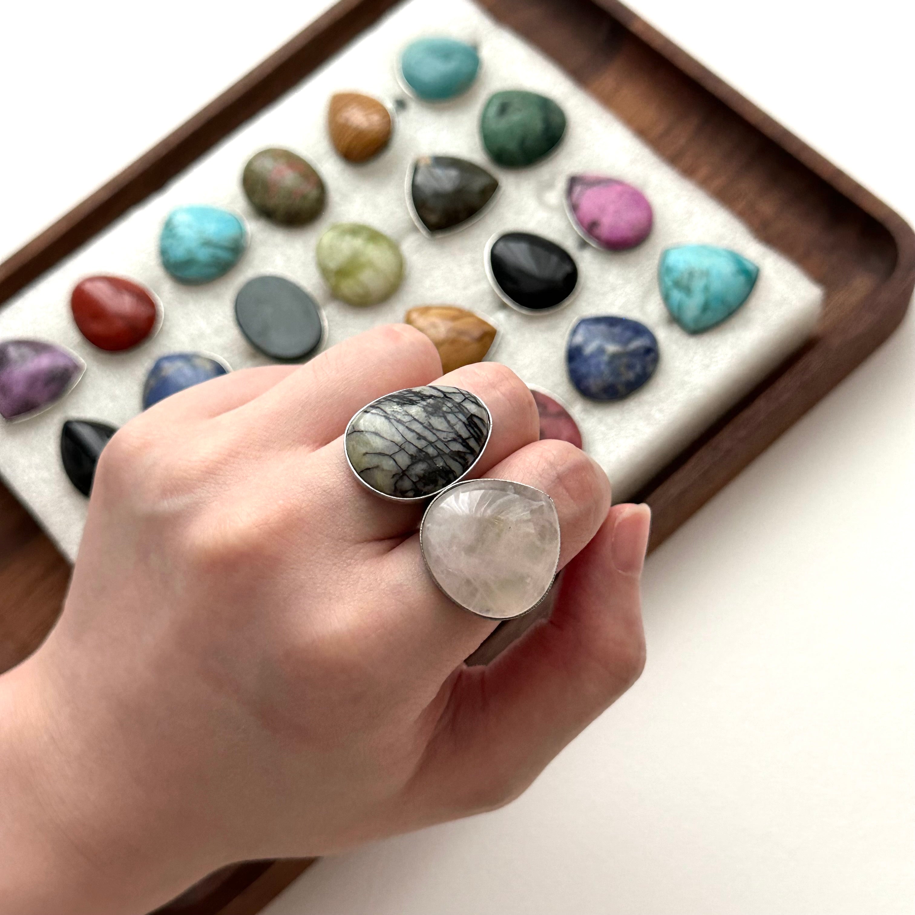 R32 [Vintage Gemstone Ring] Black Agate Blue Green Aventurine Amethyst Rose Quartz Marble Ring