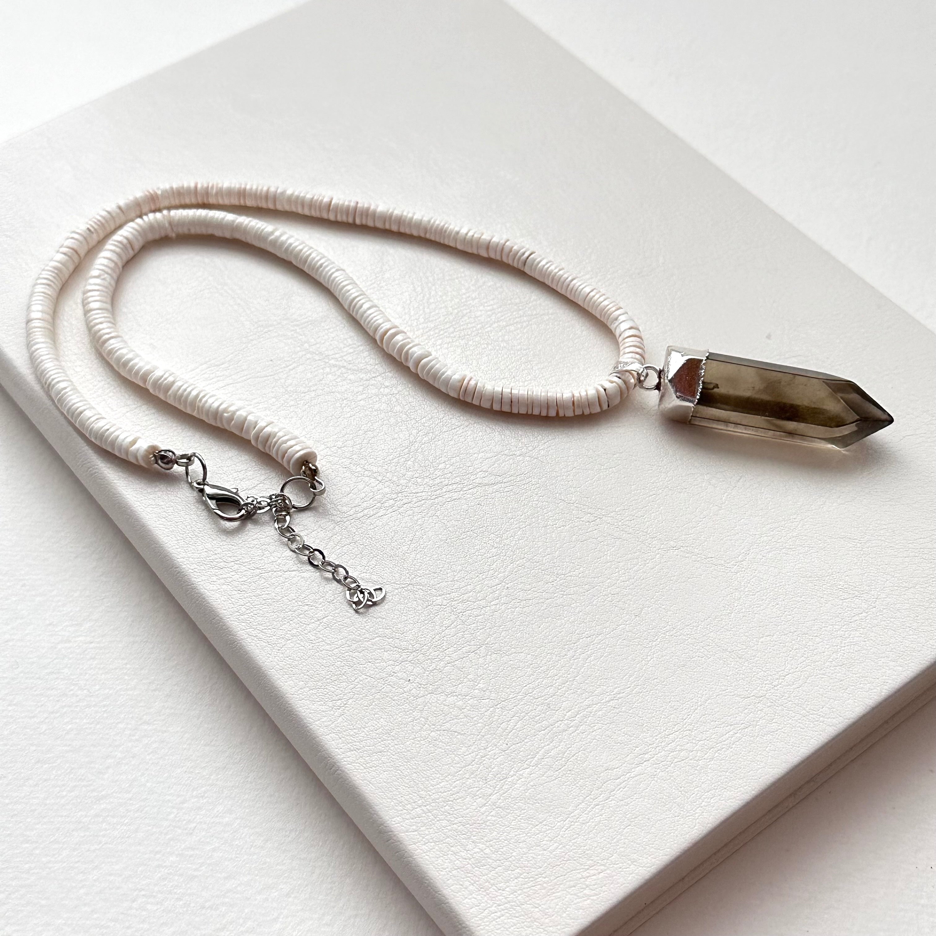 N22 [Powerful Spiritual Protection Stone] Shell Smoky Quartz Hexagonal Prism Necklace