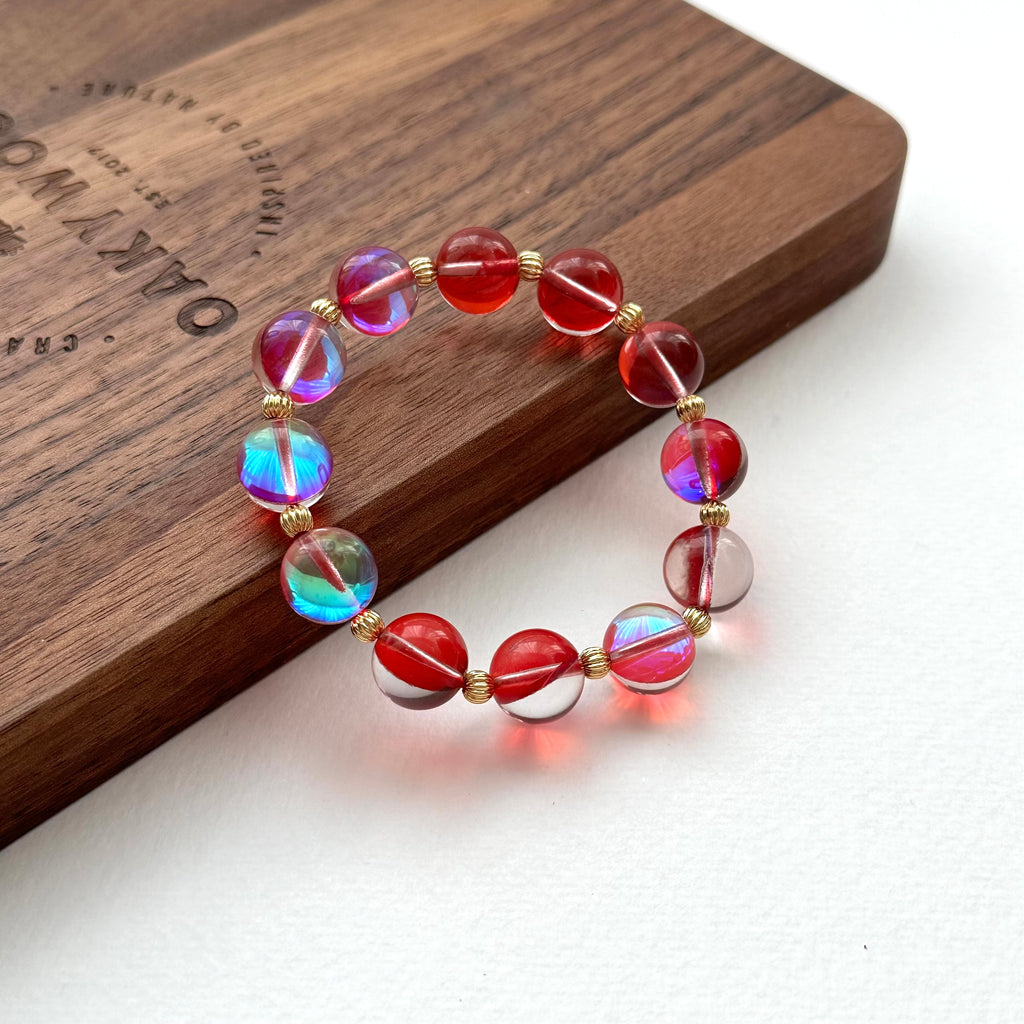 BS145 [Lucky Glass] Dark Red Moon Glass 18k Simple Gold-plated Ball Bracelet
