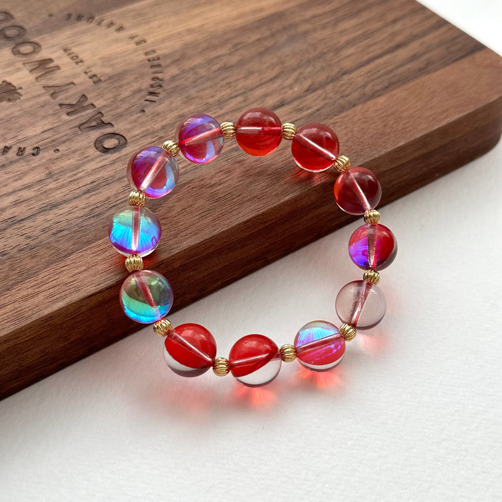 BS145 [Lucky Glass] Dark Red Moon Glass 18k Simple Gold-plated Ball Bracelet