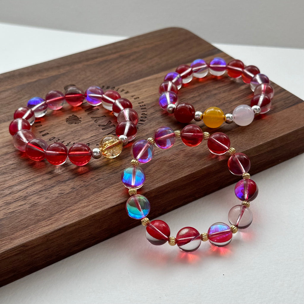 BS145 [Lucky Glass] Dark Red Moon Glass 18k Simple Gold-plated Ball Bracelet