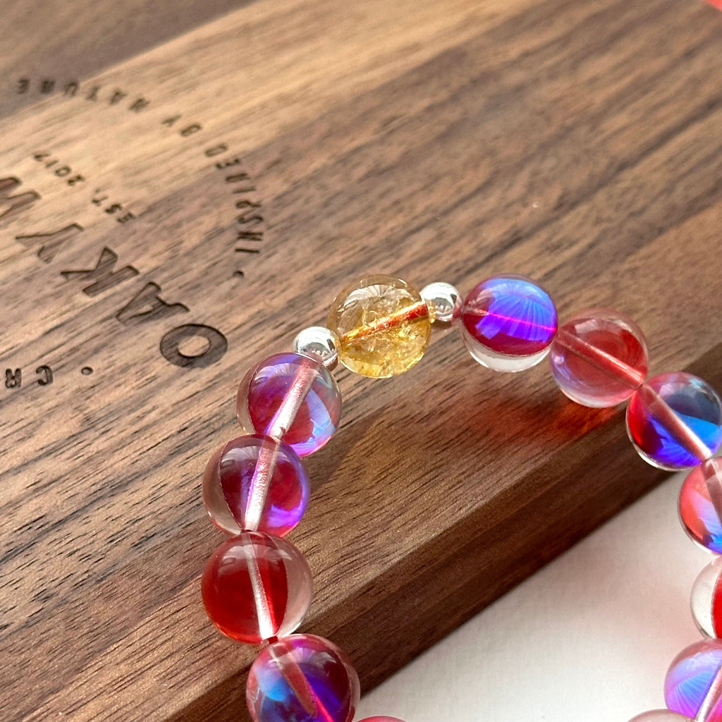 BS140【琉璃】暗紅月琉璃黃水晶簡約鍍銀手鏈手串