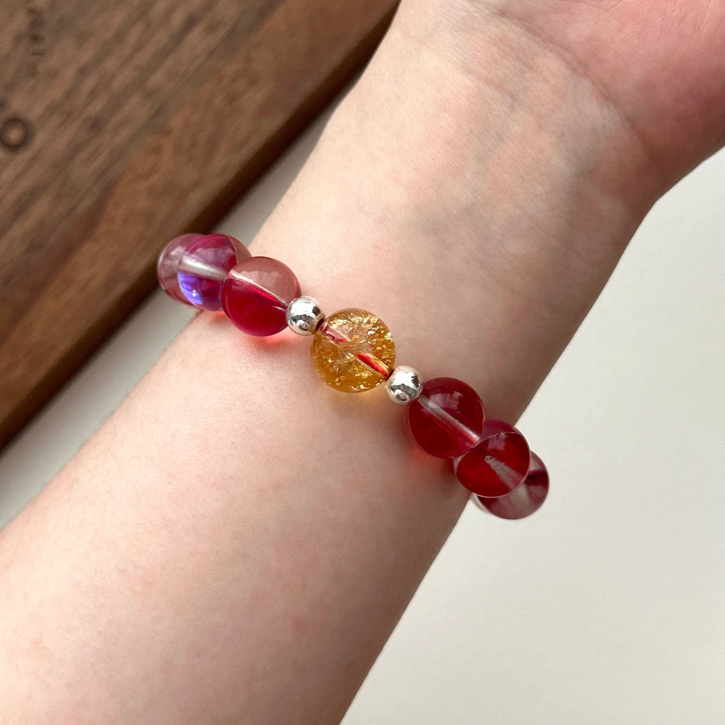 BS140【琉璃】暗紅月琉璃黃水晶簡約鍍銀手鏈手串