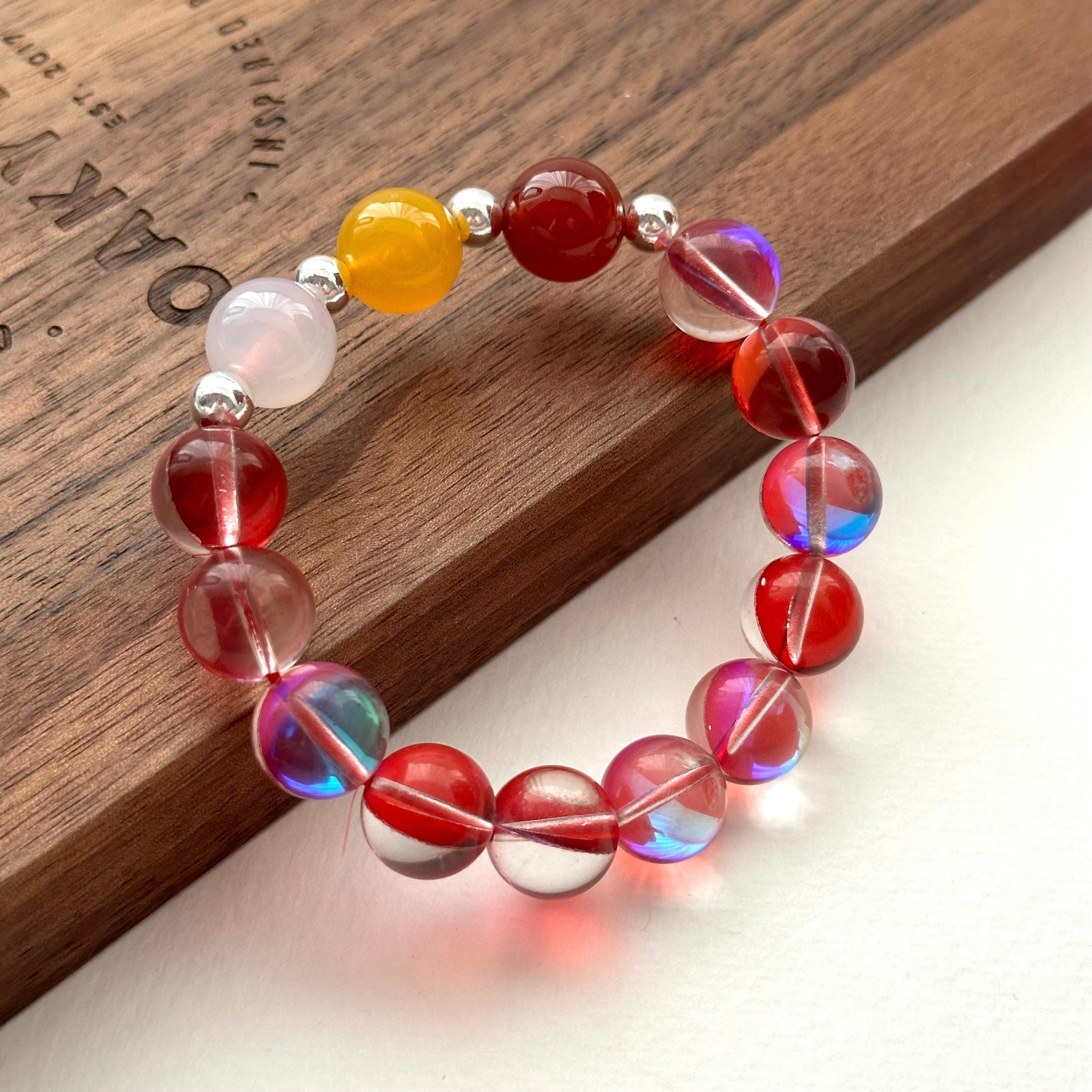 BS144 Dark Red Moon Glass Rose Quartz Red and Yellow Agate Simple Silver-plated Bracelet