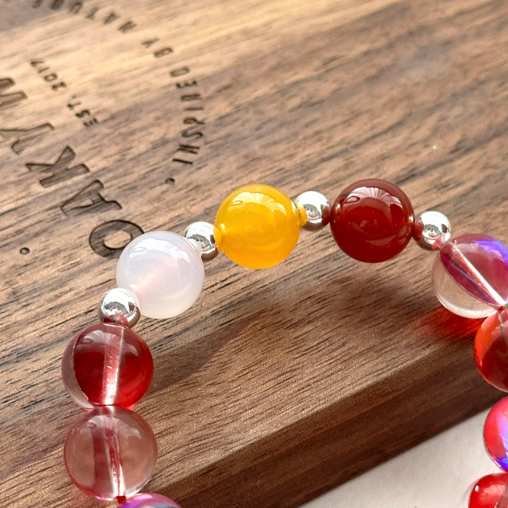 BS144 Dark Red Moon Glass Rose Quartz Red and Yellow Agate Simple Silver-plated Bracelet