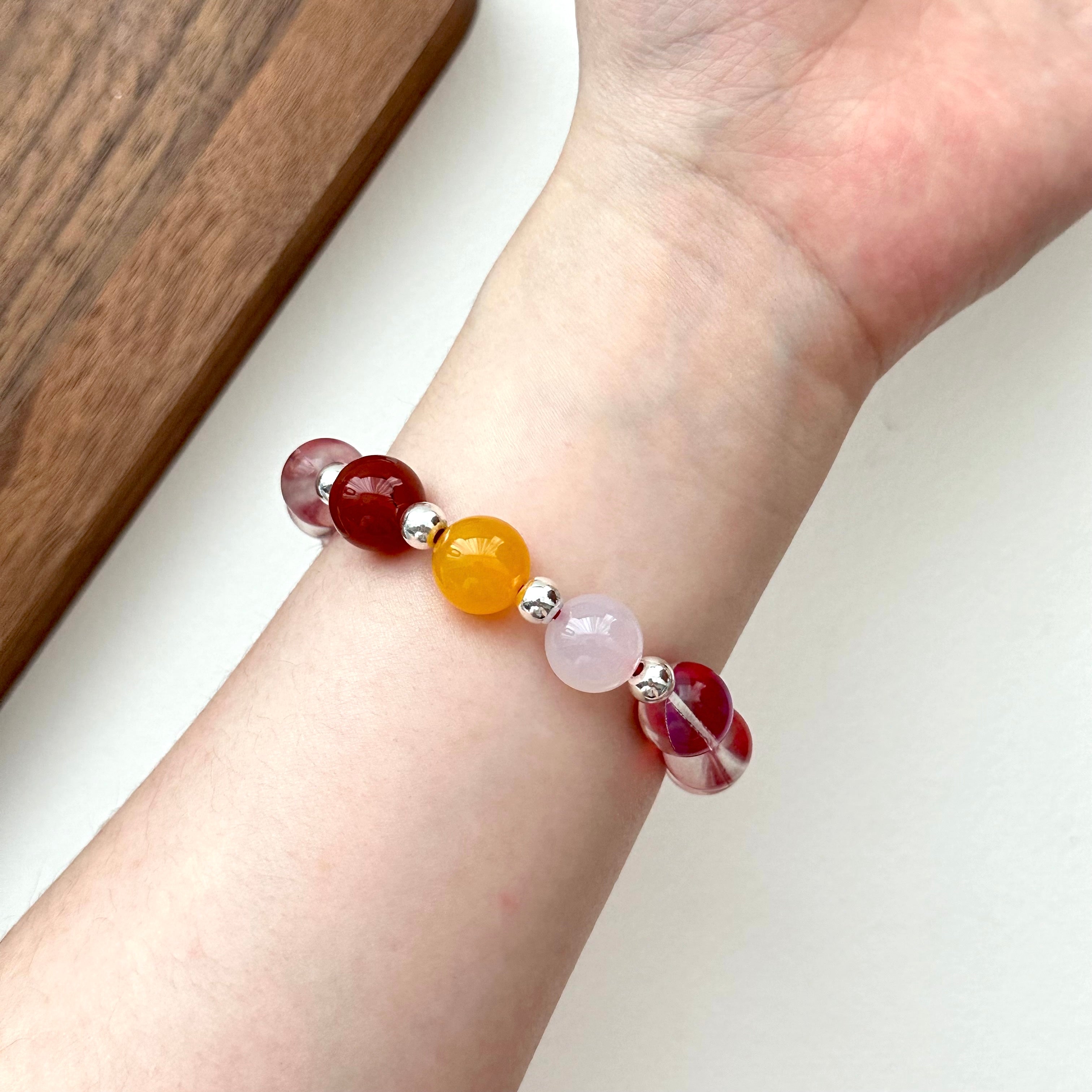 BS144 Dark Red Moon Glass Rose Quartz Red and Yellow Agate Simple Silver-plated Bracelet