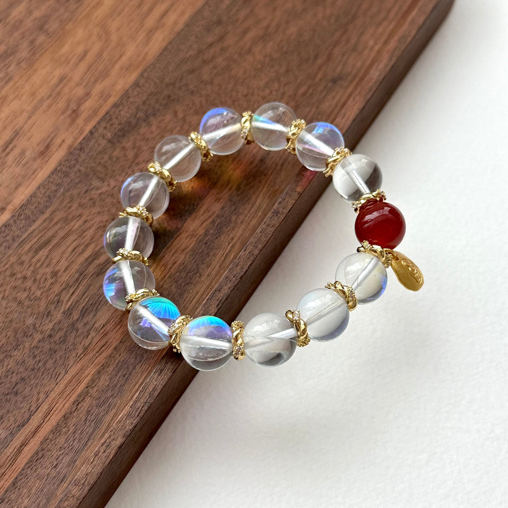 BS159 [Lucky and Peaceful Glass] White Glass Red Agate Twisted Gold-plated Bracelet