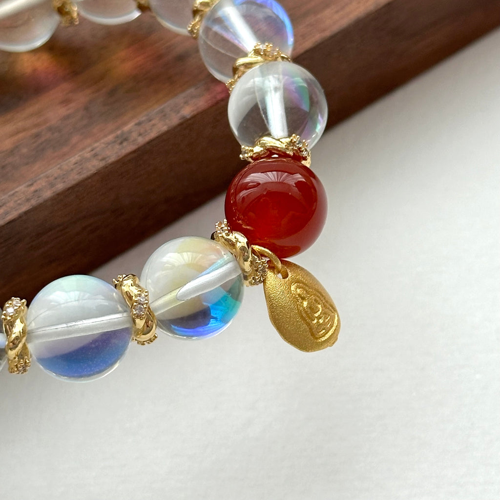 BS159 [Lucky and Peaceful Glass] White Glass Red Agate Twisted Gold-plated Bracelet
