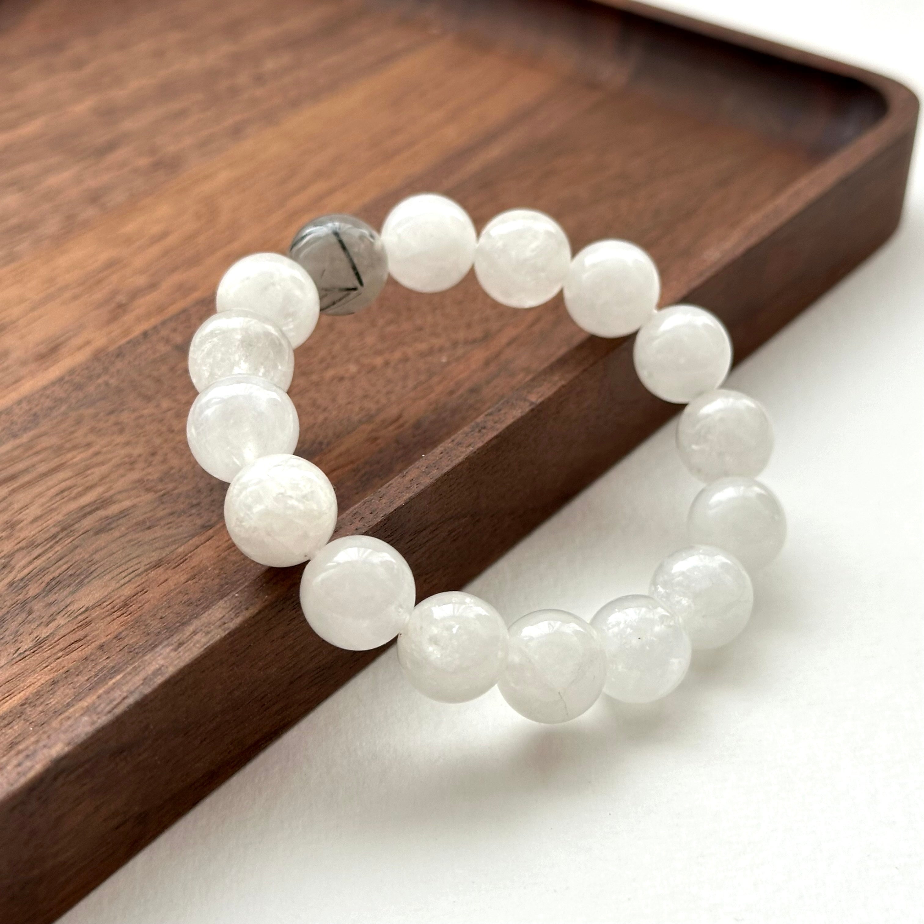 BS160 [Black and White Magnetic Field Guardian Stone] White Stone Black Rutilated Quartz Bracelet