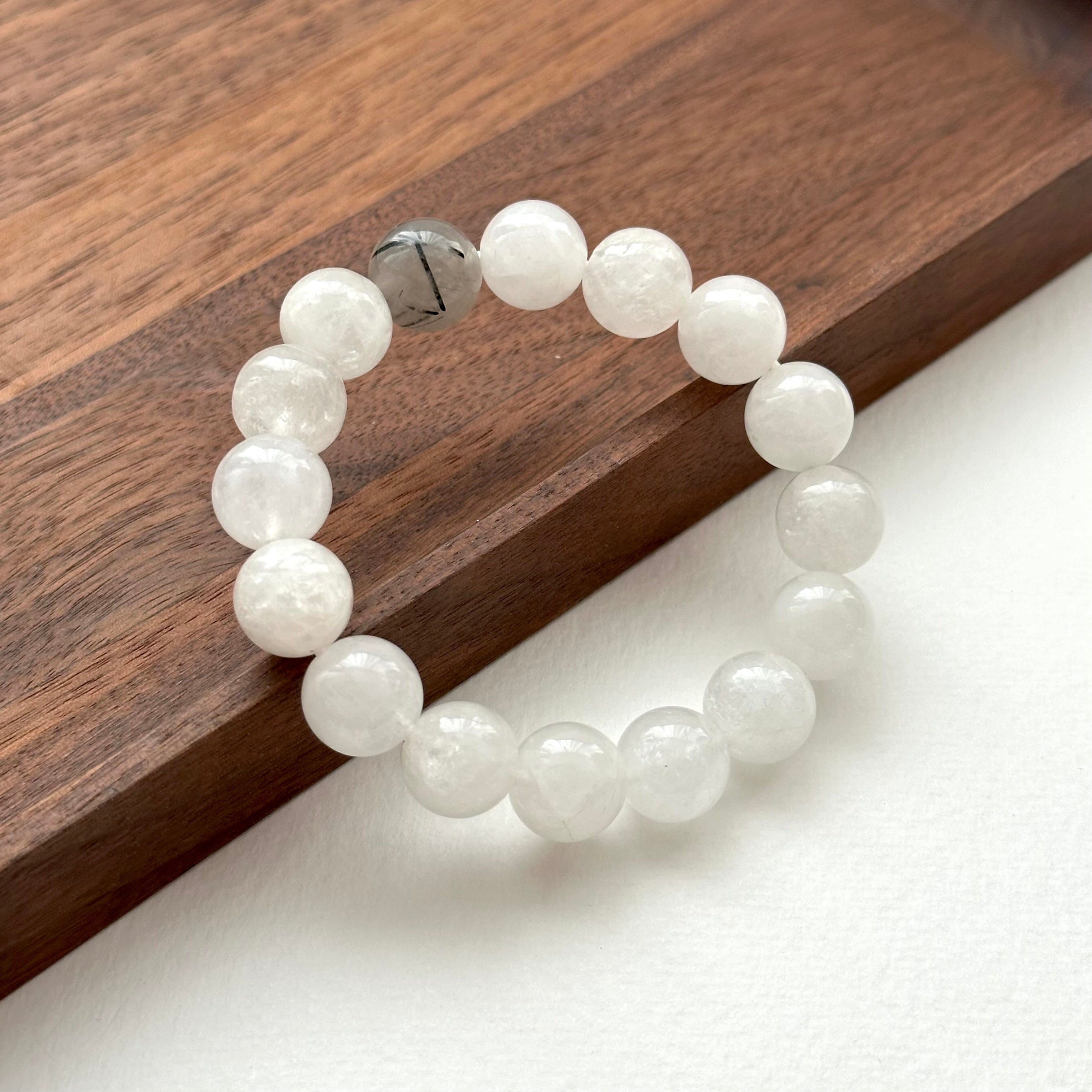 BS160 [Black and White Magnetic Field Guardian Stone] White Stone Black Rutilated Quartz Bracelet