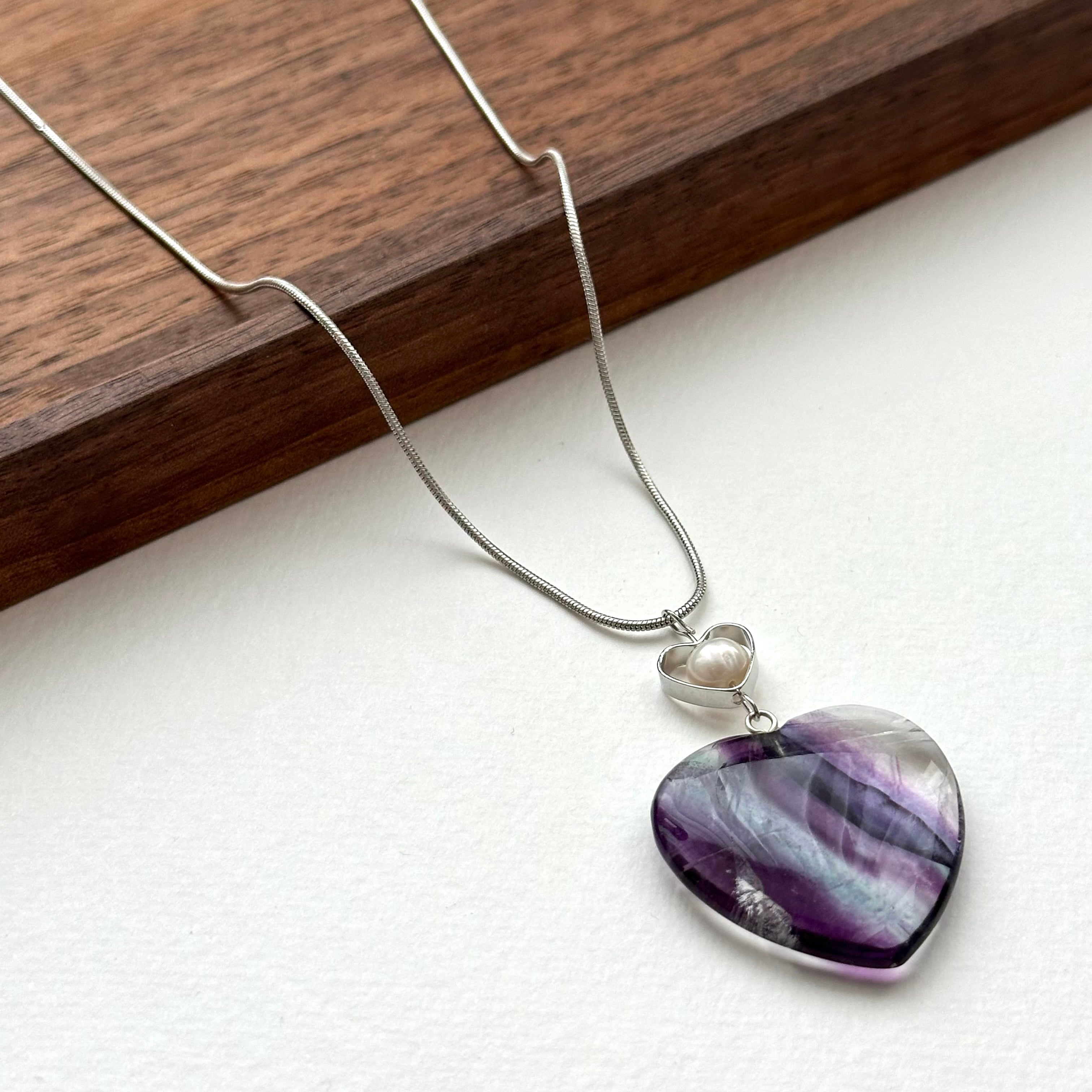 N26 [Gemini-Cancer | June] Fluorite Freshwater Pearl Heart-Shaped Necklace