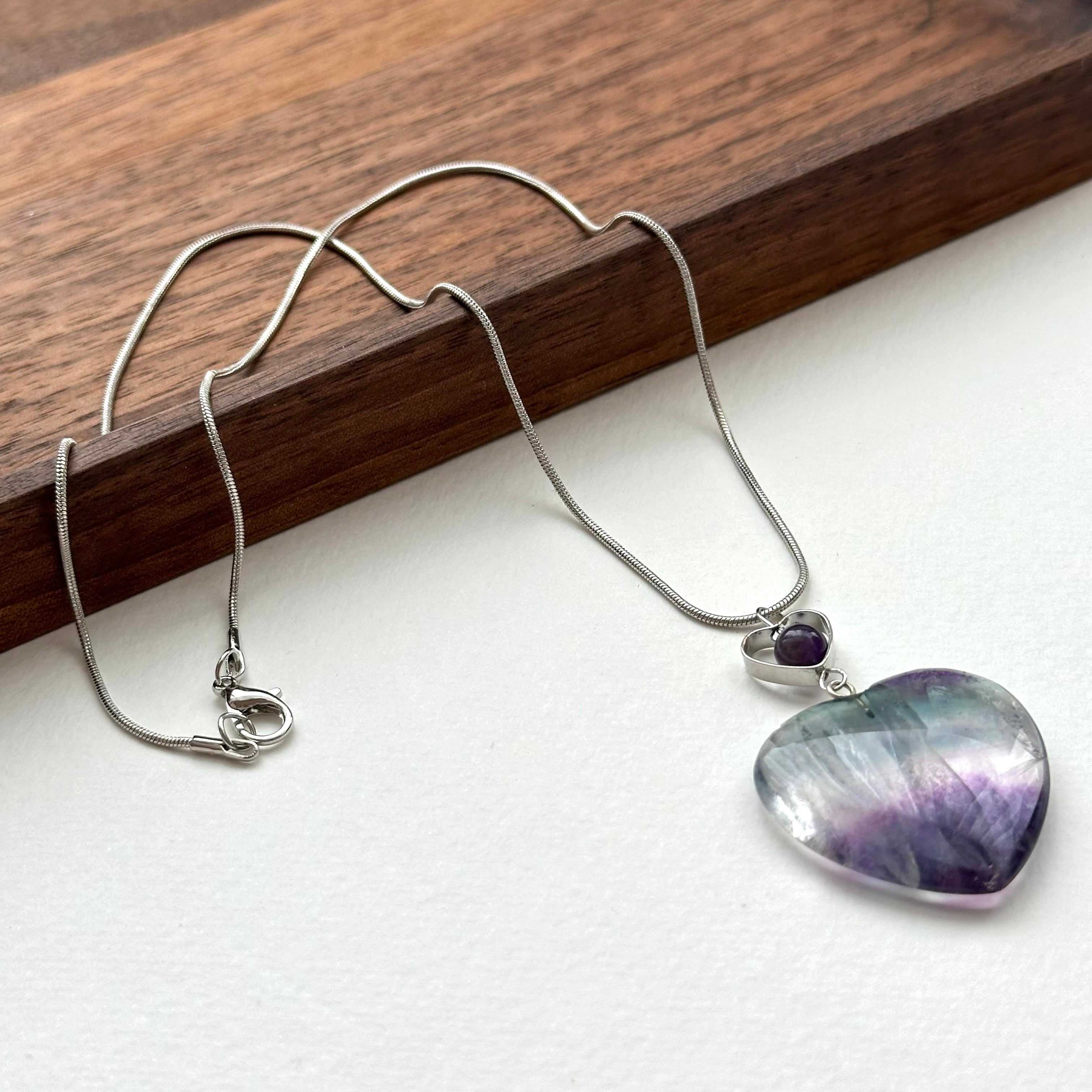N28 [Gemini-Cancer | June] Fluorite Amethyst Heart-Shaped Necklace