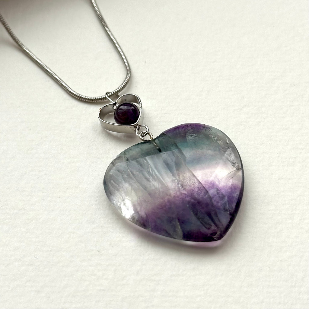 N28 [Gemini-Cancer | June] Fluorite Amethyst Heart-Shaped Necklace