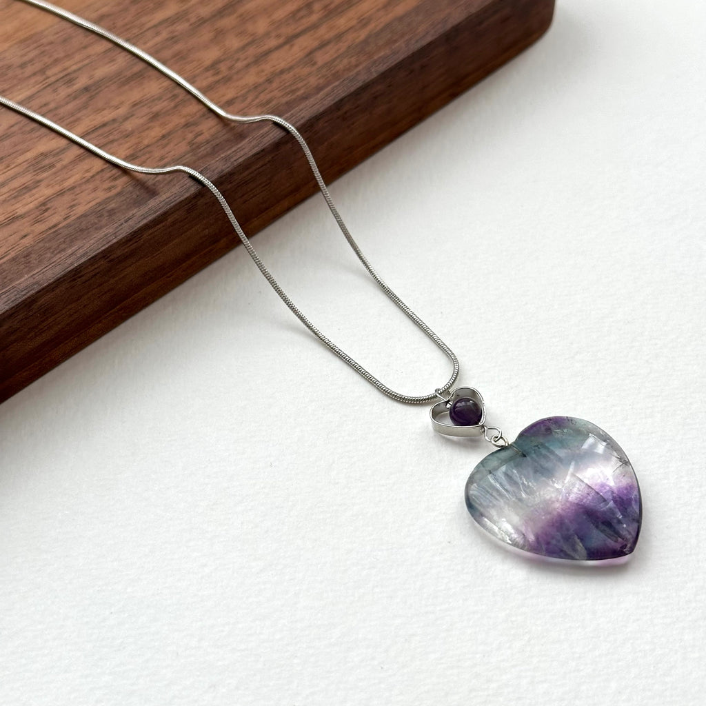 N28 [Gemini-Cancer | June] Fluorite Amethyst Heart-Shaped Necklace