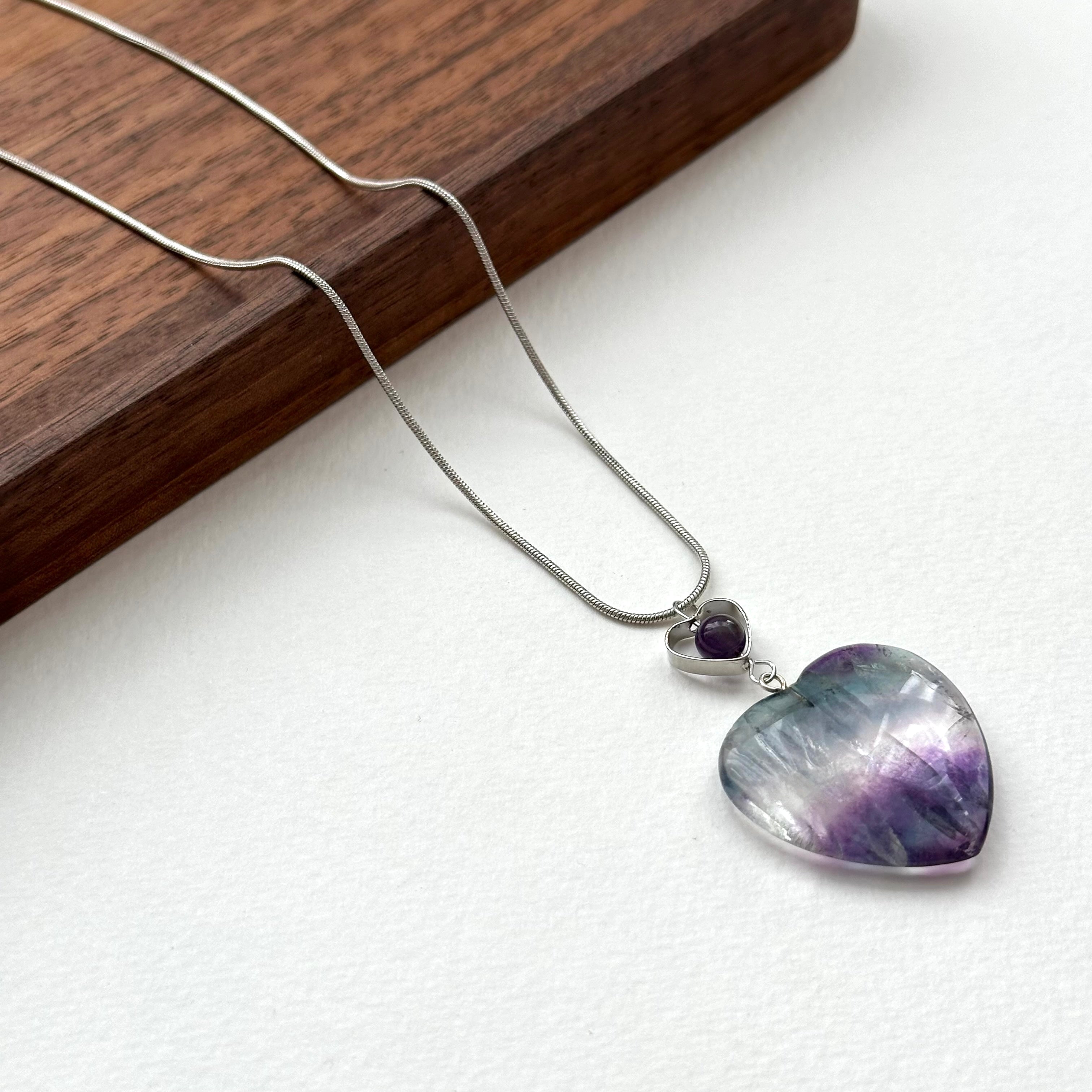N28 [Gemini-Cancer | June] Fluorite Amethyst Heart-Shaped Necklace