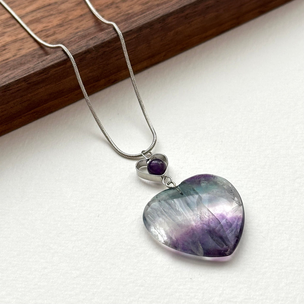 N28 [Gemini-Cancer | June] Fluorite Amethyst Heart-Shaped Necklace