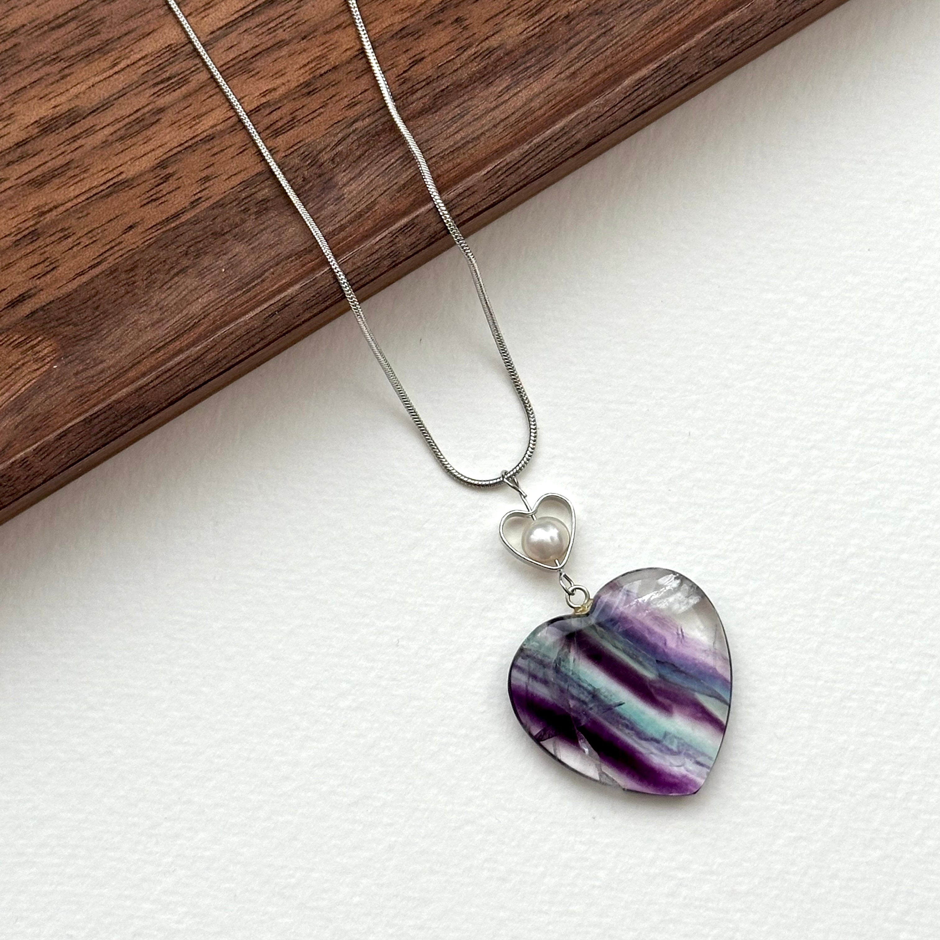 N26 [Gemini-Cancer | June] Fluorite Freshwater Pearl Heart-Shaped Necklace