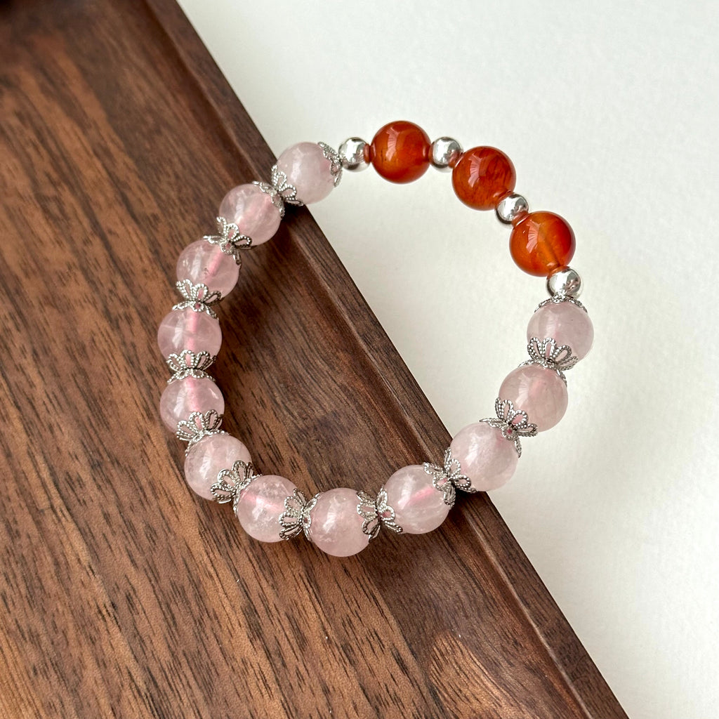 BS162 [Cancer, Leo, Libra, Scorpio | July-October] Red agate and rose quartz simple silver bracelet