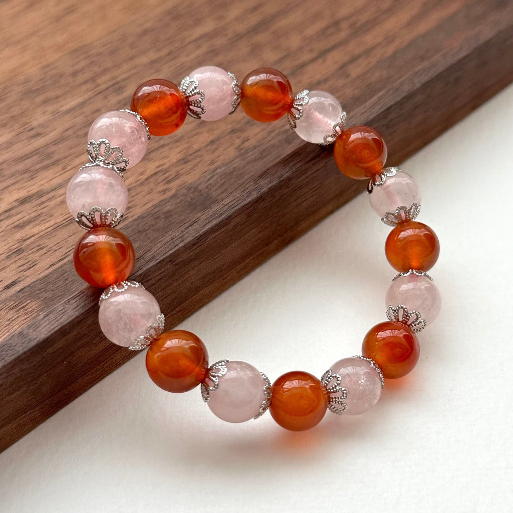 BS164 [Cancer, Leo, Libra, Scorpio | July-October] Red agate rose quartz flower silver-plated bracelet