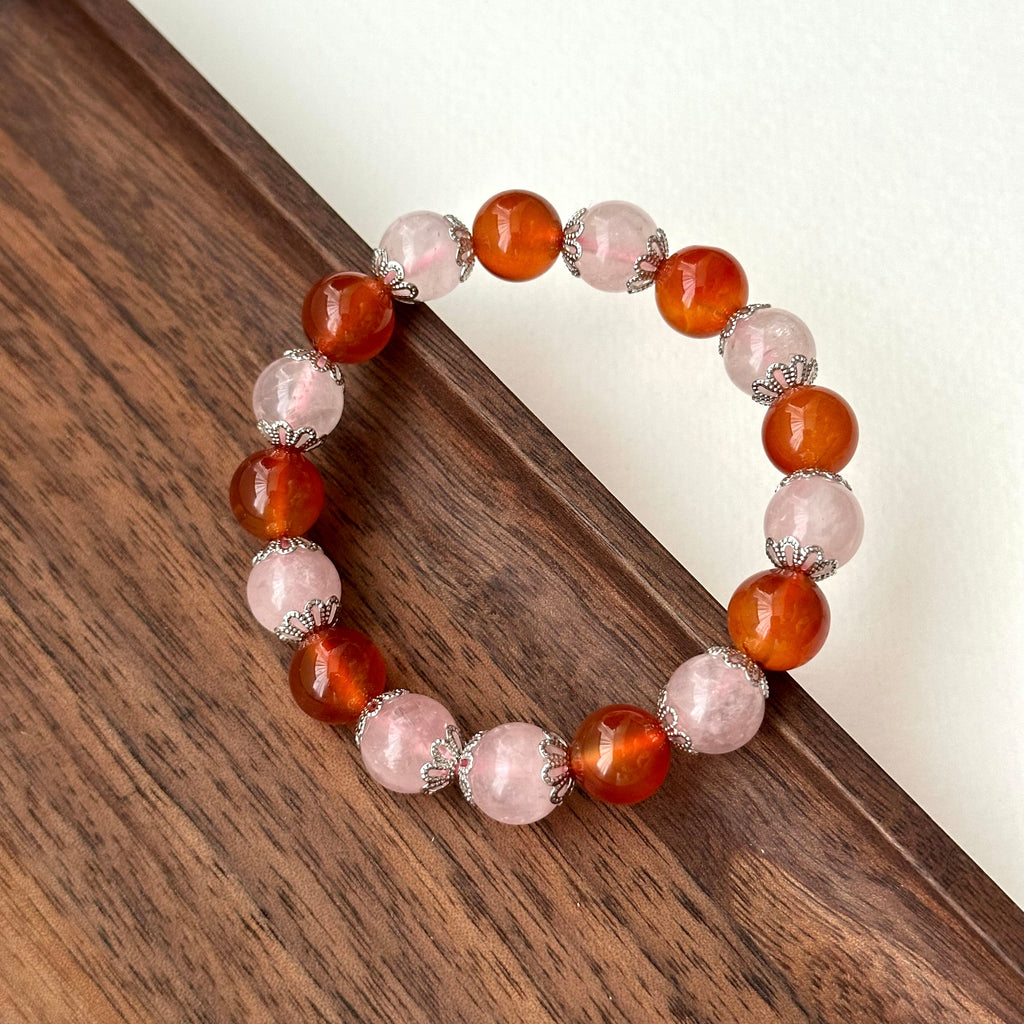 BS164 [Cancer, Leo, Libra, Scorpio | July-October] Red agate rose quartz flower silver-plated bracelet