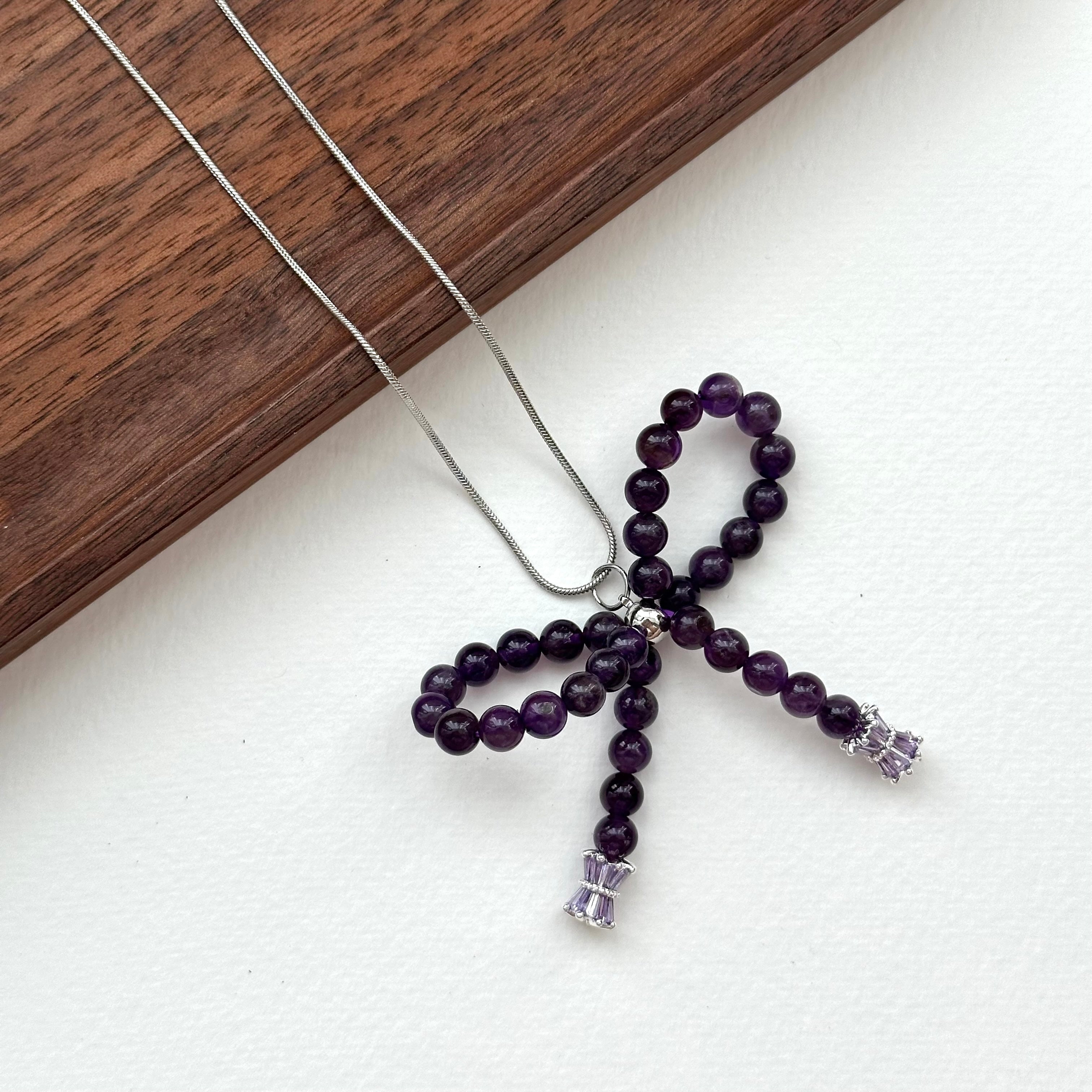 N31 [Aquarius Pisces | February Birthstone] Amethyst Bow Silver-plated Necklace