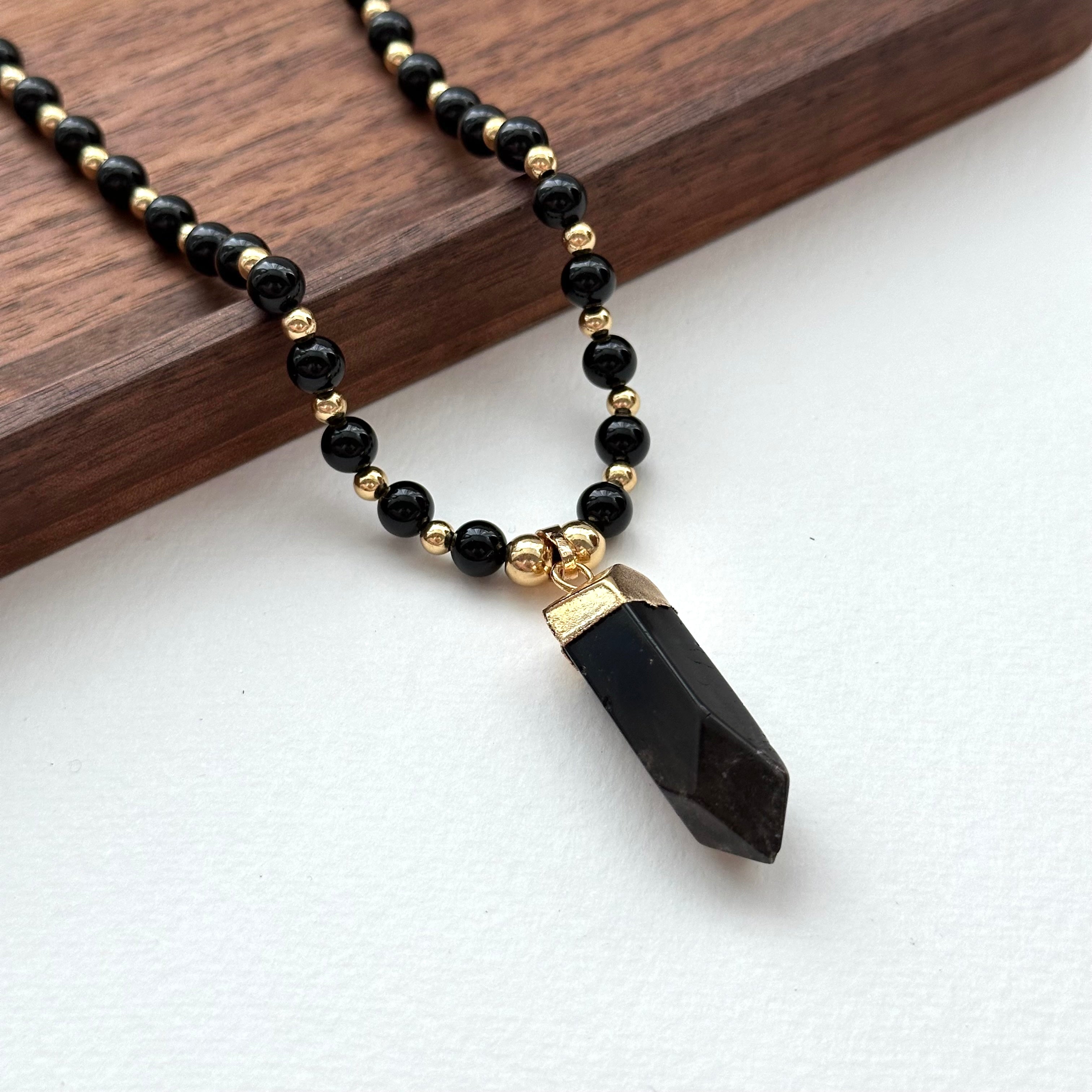 N32【獅子處女座|8月】黑瑪瑙茶晶六角柱鍍金頸鏈項鏈 Smoky Quartz