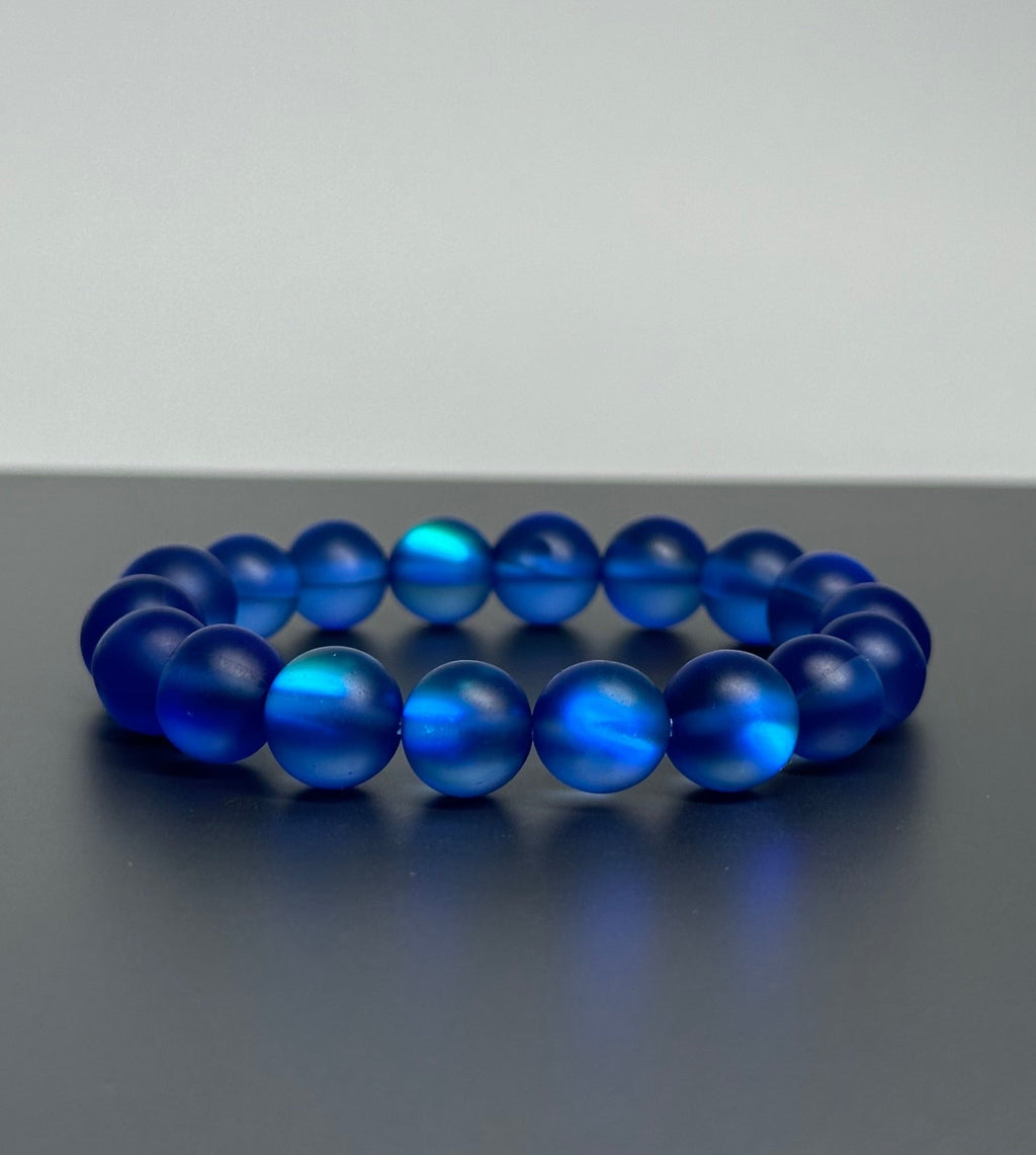 B49 霧皇家藍月亮琉璃石純珠手鏈手串  Matt Blue MoonStone Bracelet