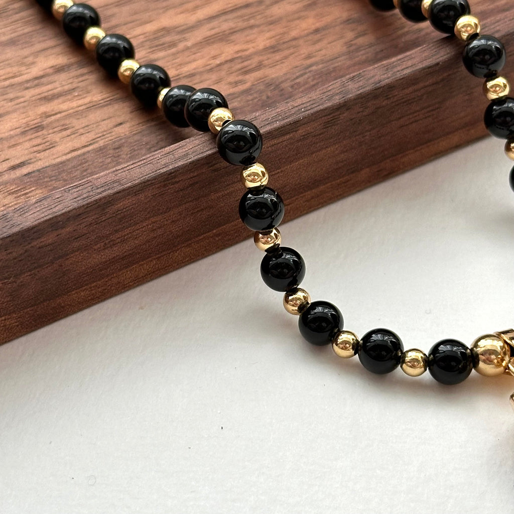 N32【獅子處女座|8月】黑瑪瑙茶晶六角柱鍍金頸鏈項鏈 Smoky Quartz