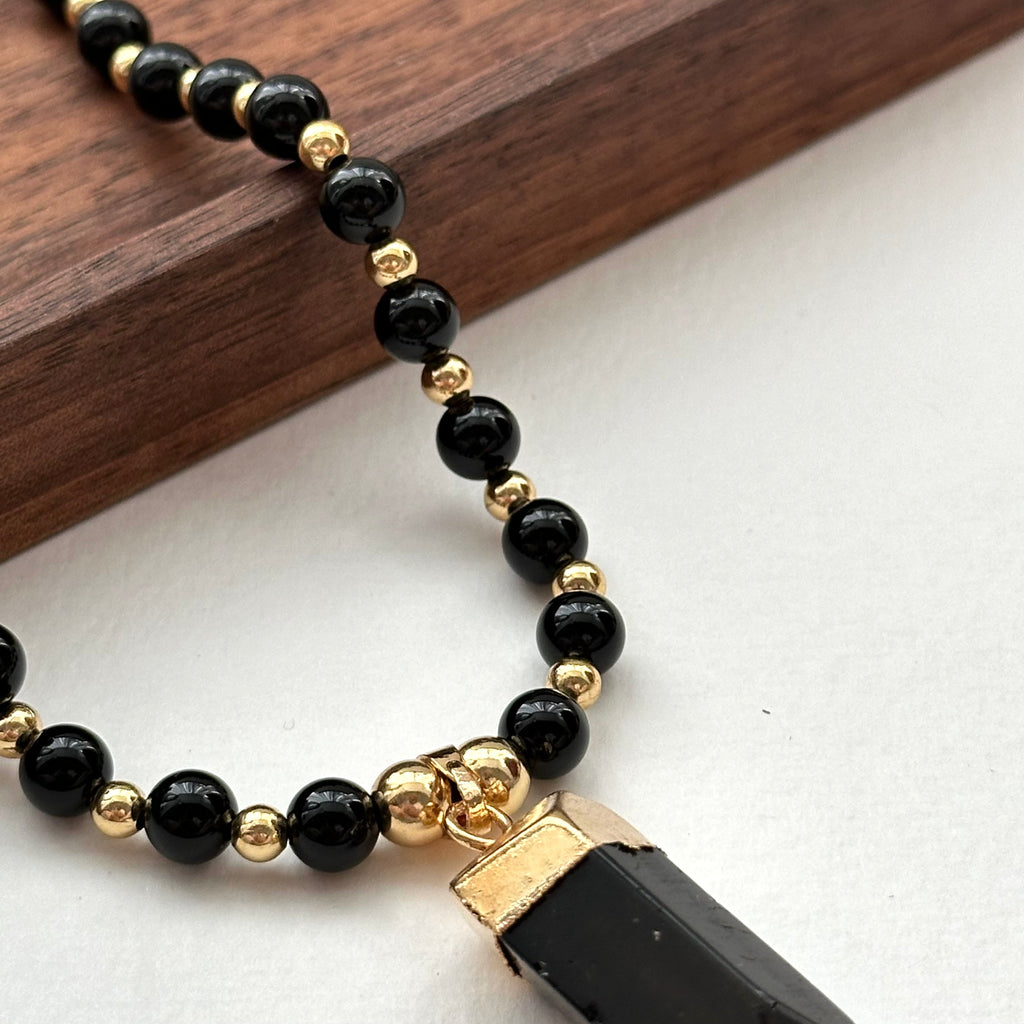 N32【獅子處女座|8月】黑瑪瑙茶晶六角柱鍍金頸鏈項鏈 Smoky Quartz