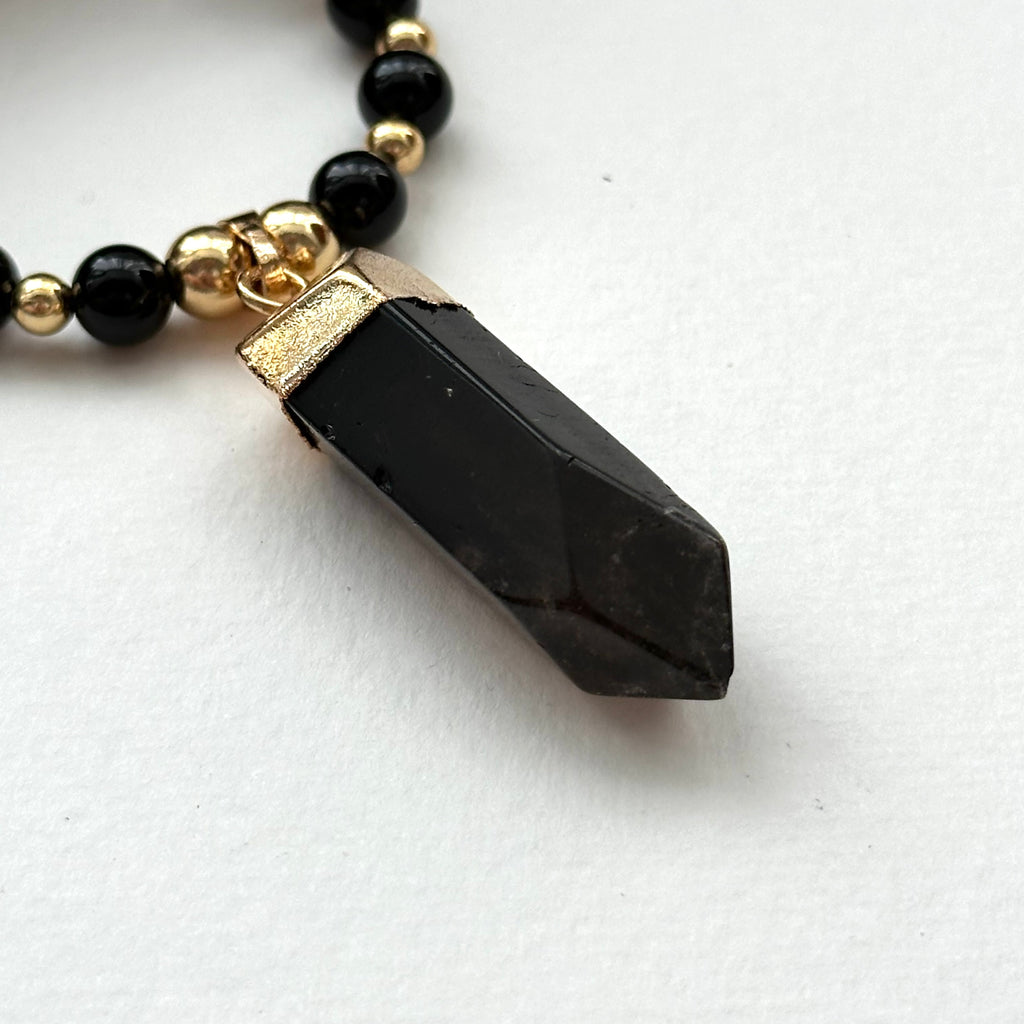 N32【獅子處女座|8月】黑瑪瑙茶晶六角柱鍍金頸鏈項鏈 Smoky Quartz