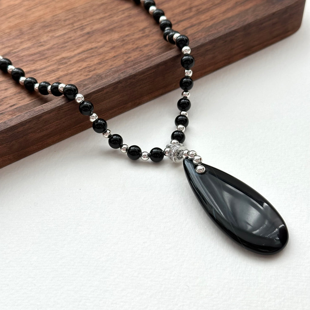 N33【獅子處女座|8月】黑瑪瑙水滴古典鍍銀頸鏈項鏈