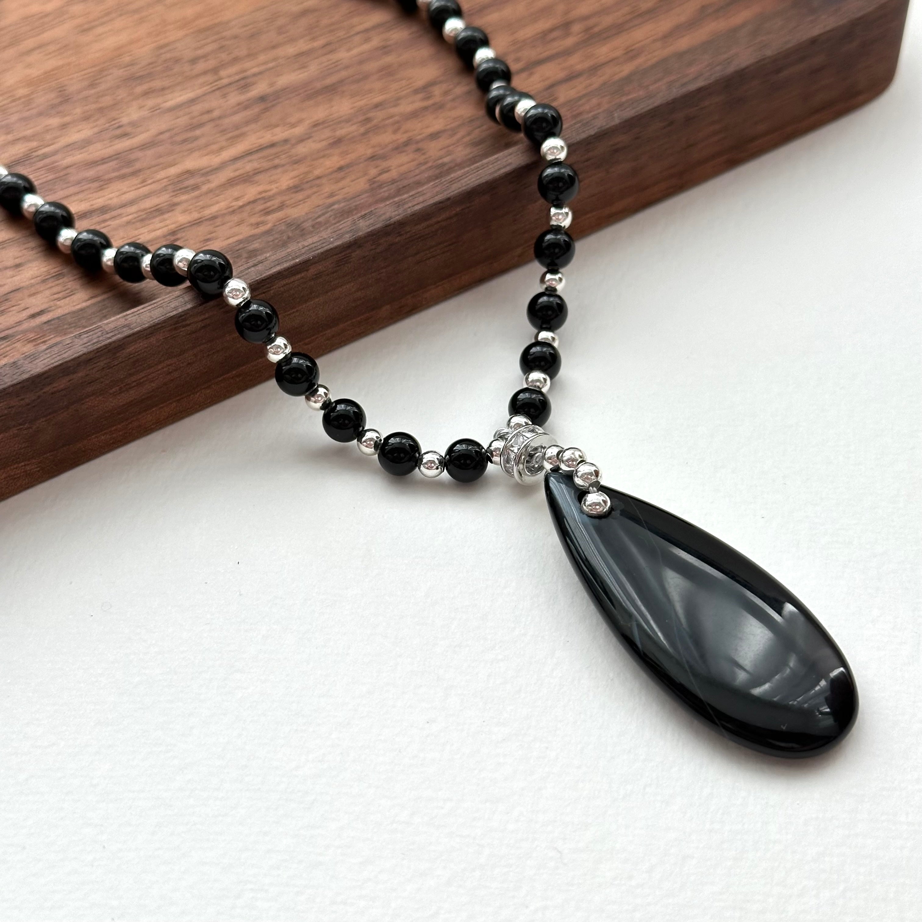 N33【獅子處女座|8月】黑瑪瑙水滴古典鍍銀頸鏈項鏈