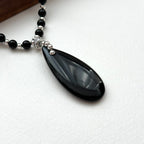 N33【獅子處女座|8月】黑瑪瑙水滴古典鍍銀頸鏈項鏈
