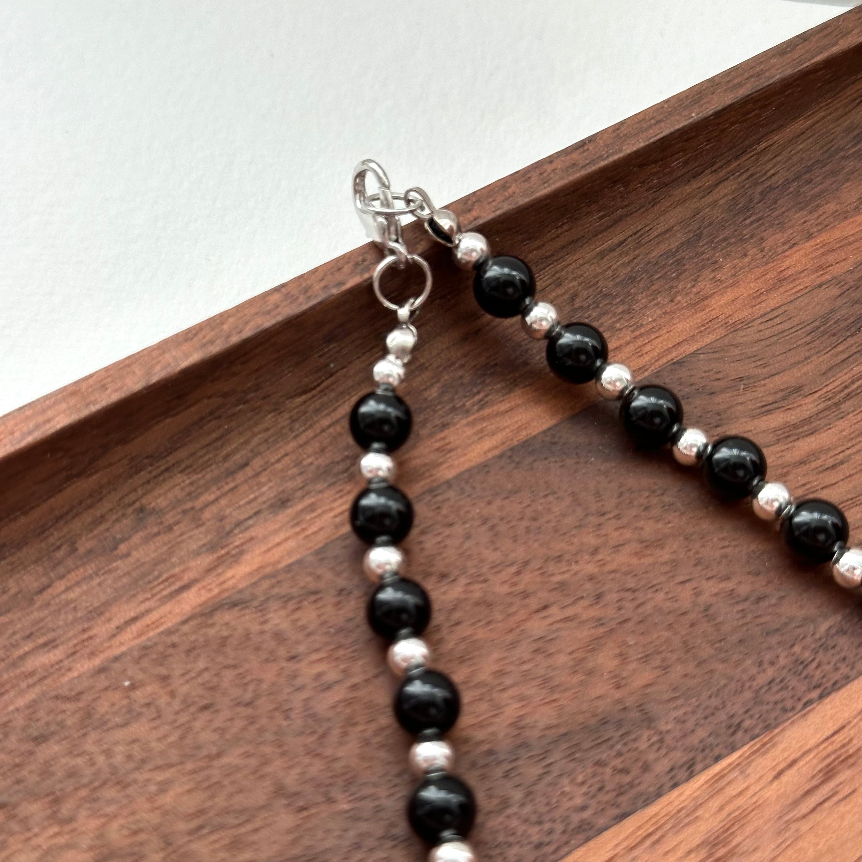 N33【獅子處女座|8月】黑瑪瑙水滴古典鍍銀頸鏈項鏈