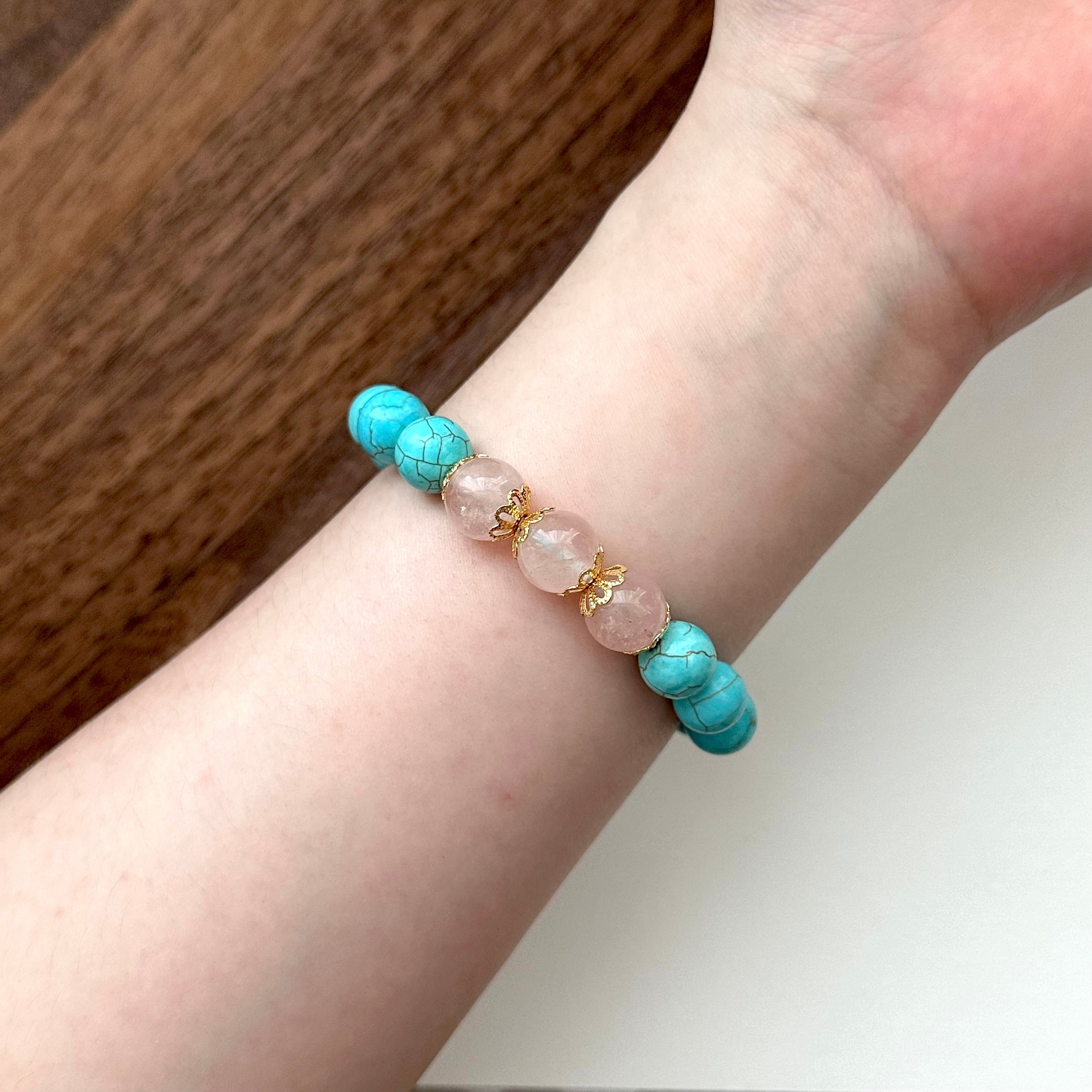 BS173 [Sagittarius Capricorn | December Birthday] Blue Turquoise Rose Quartz Gold-plated Bracelet