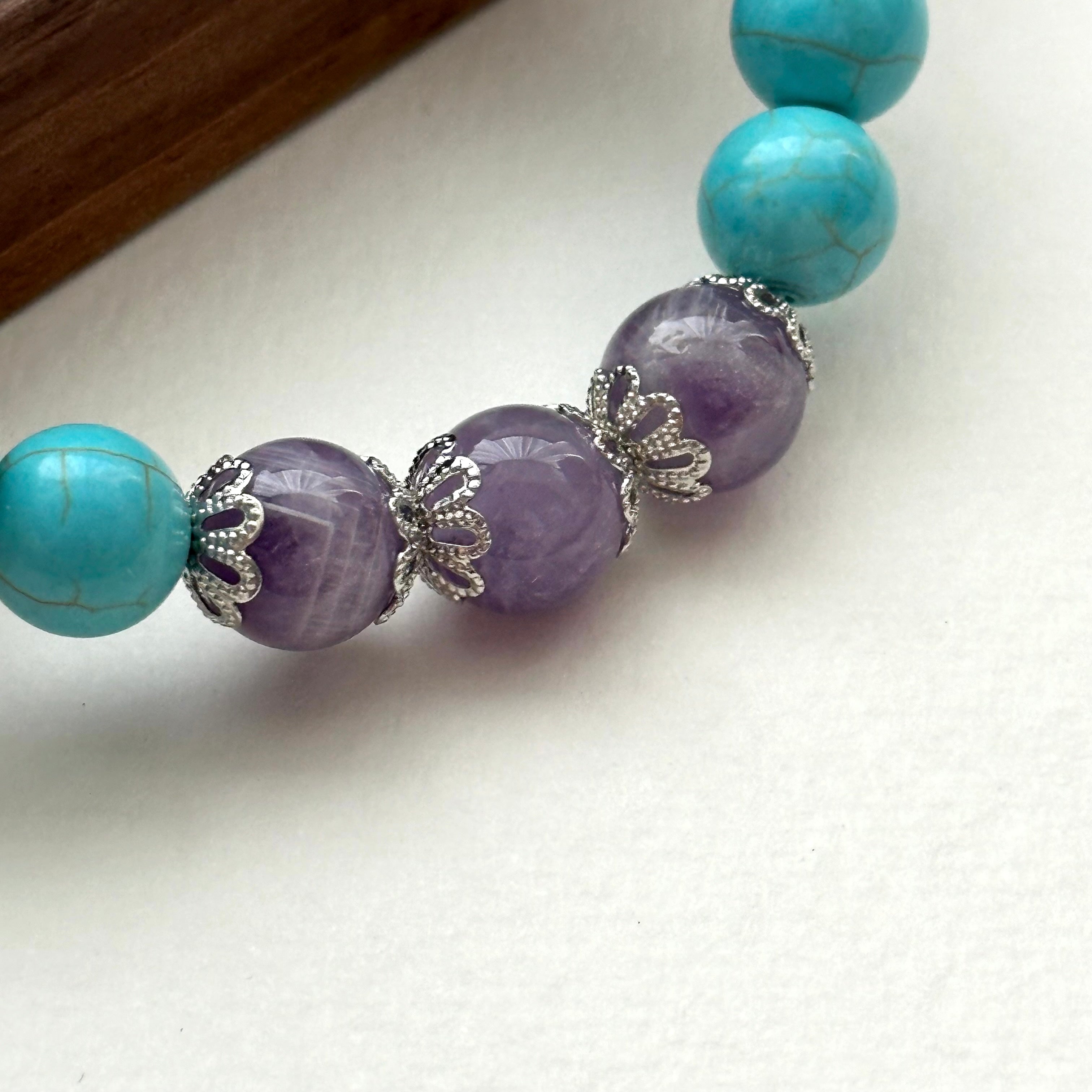 BS175 [Sagittarius Capricorn | December Birthday] Blue Turquoise Amethyst Flower Silver-plated Bracelet