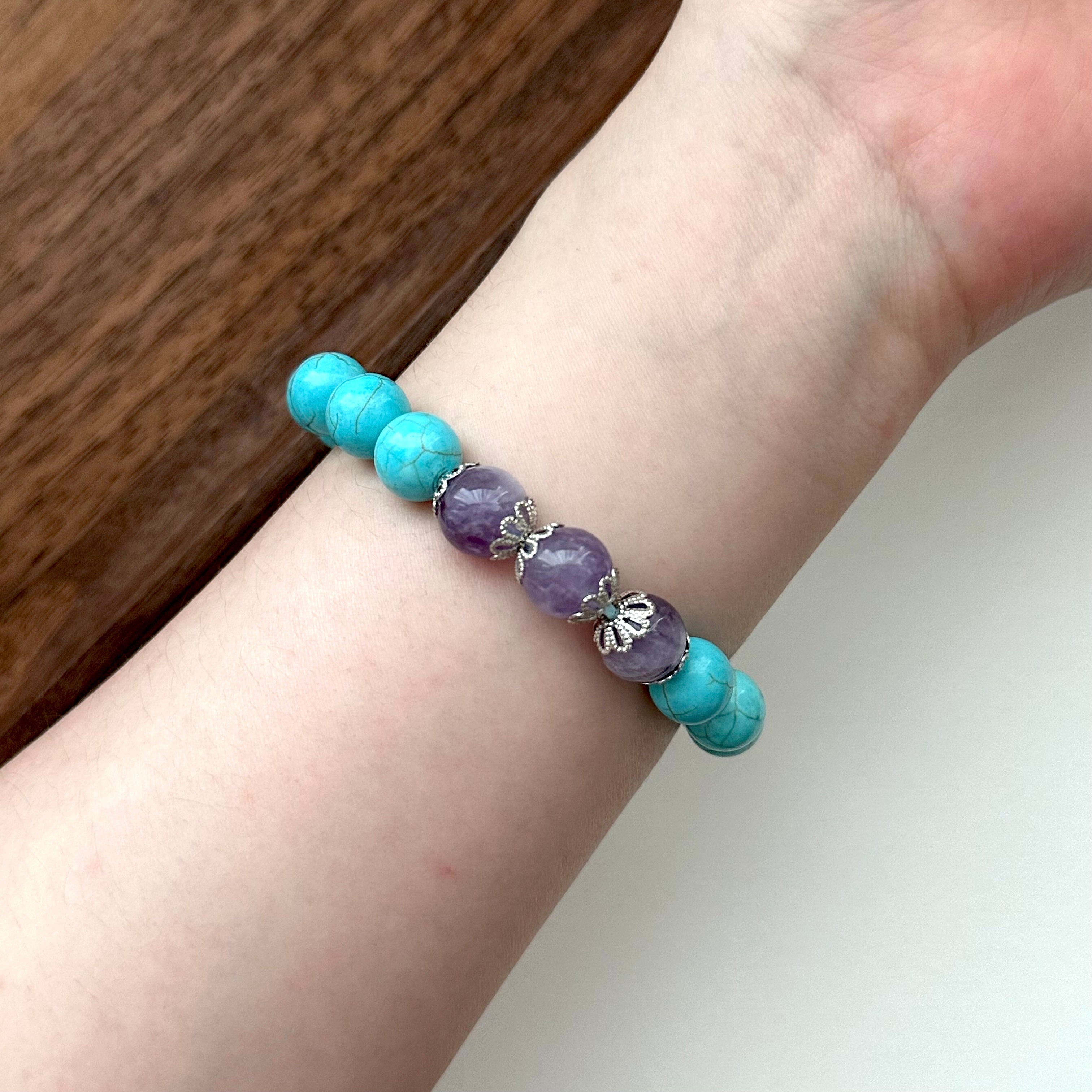 BS175 [Sagittarius Capricorn | December Birthday] Blue Turquoise Amethyst Flower Silver-plated Bracelet