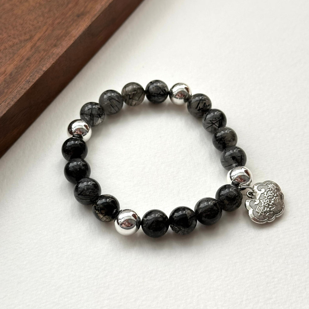 BS189 [Scorpio Sagittarius | November] Black Rutilated Quartz Peace Lock Silver-plated Bracelet