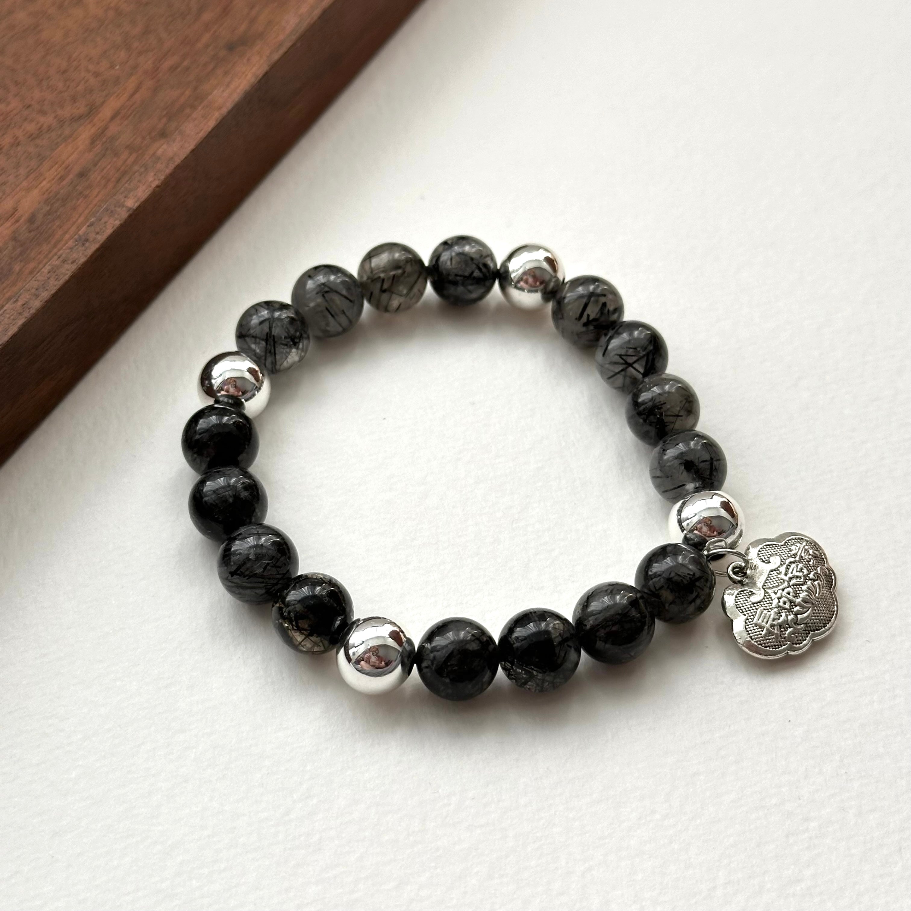 BS189 [Scorpio Sagittarius | November] Black Rutilated Quartz Peace Lock Silver-plated Bracelet