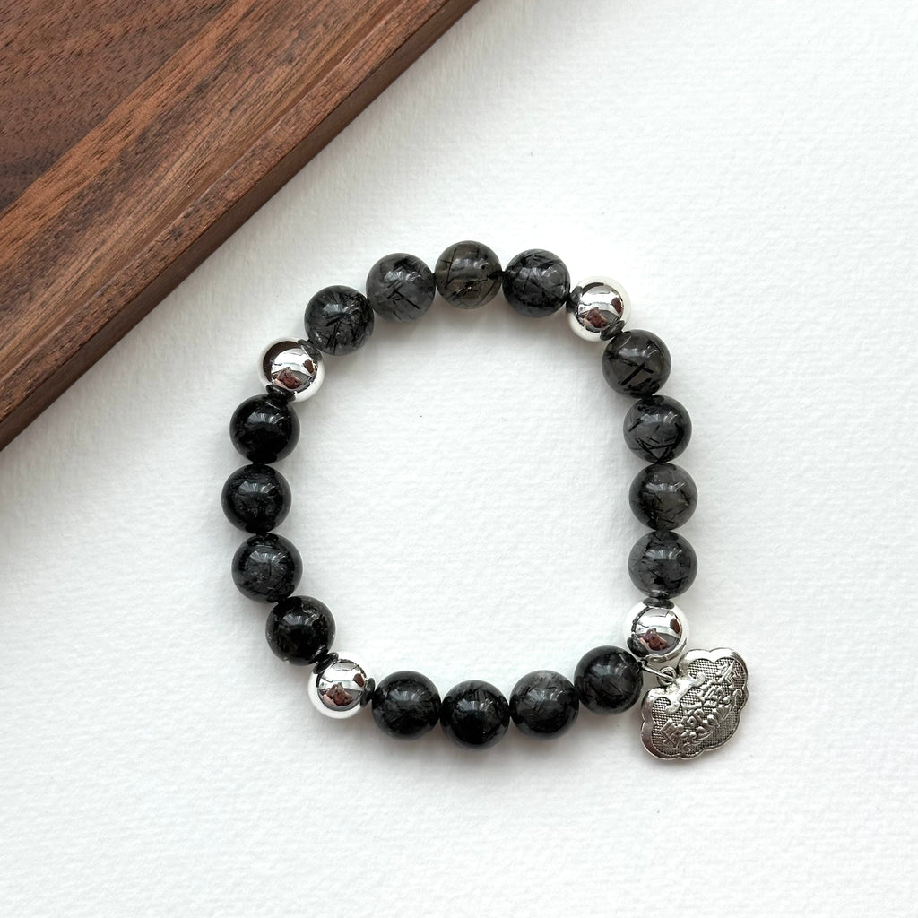 BS189 [Scorpio Sagittarius | November] Black Rutilated Quartz Peace Lock Silver-plated Bracelet