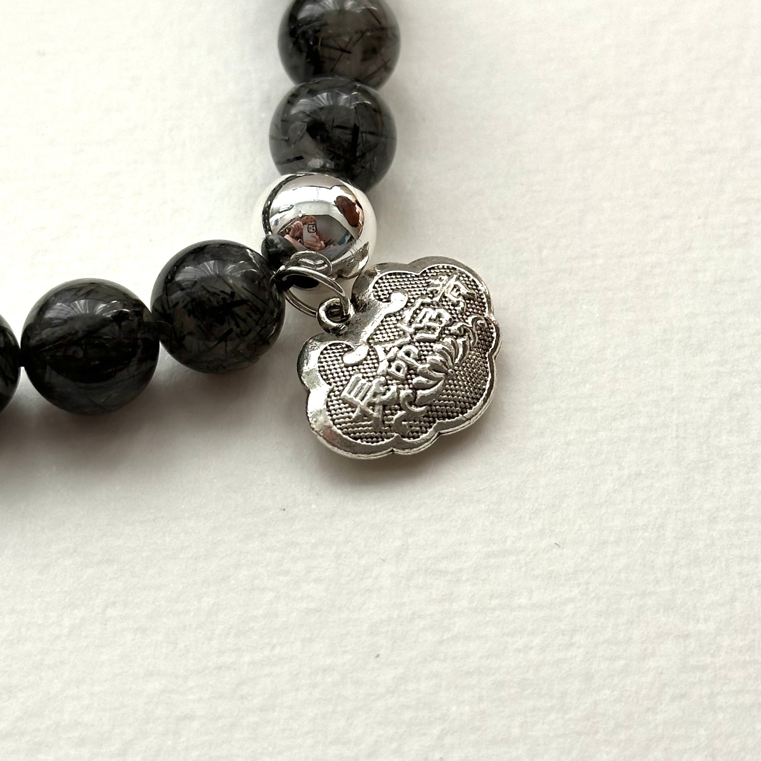 BS189 [Scorpio Sagittarius | November] Black Rutilated Quartz Peace Lock Silver-plated Bracelet